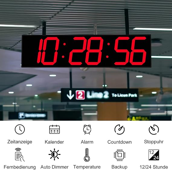 CHKOSDA 27 Inch Double-Sided Digital Wall Clock Multifunctional Clock with Timer Temperature and Date Display Large Display for Hallways Stations and Hospitals (Red)