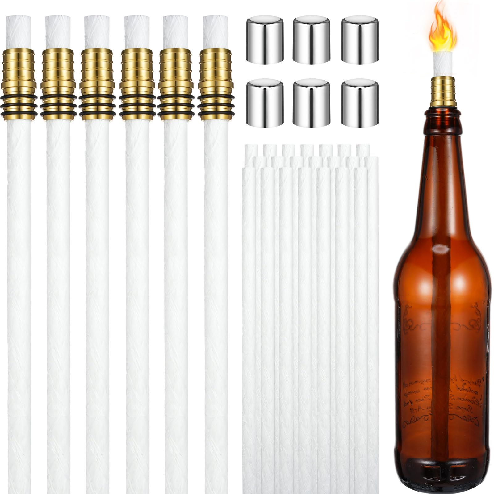 MTLEE 48 Pack Light Bottle Torch Kit, Including 36 Soft Long Life Fiberglass Replacement Wicks Torch, 6 Brass Torch Wick Holders and 6 Metal Caps for DIY Homemade Outdoor Wine Bottle Torch Decor