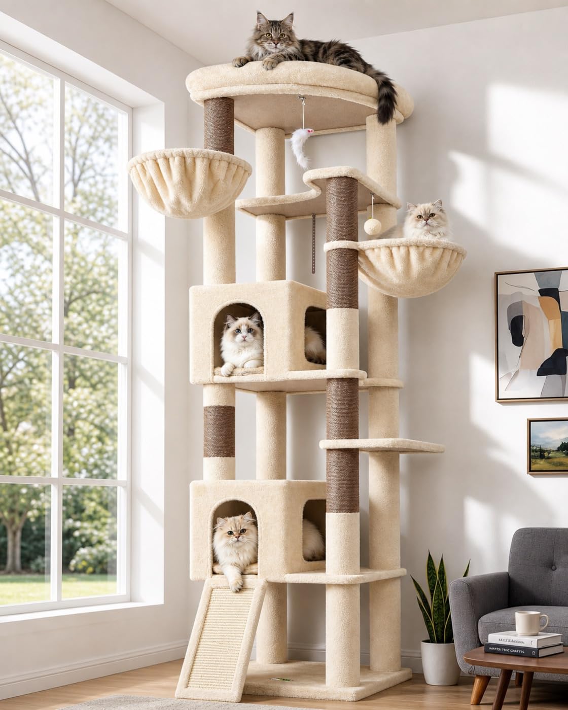 Globlazer Beige Arbol Gatos XXL 204 cm con 2 Grandes Nidos 45 * 30 * 30cm, Inmenso Plataformas Acolchada, Tabla Sisal, 2 Cesta, Estable Esquinero Rascador para Gatos Descansar Rascarse (C80, Beige)