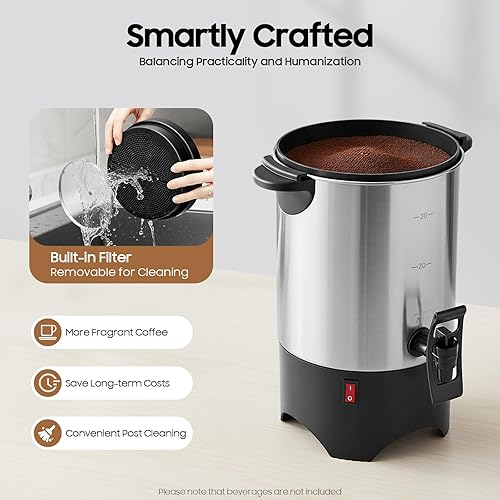 Miniatura 6 de Cafetera de acero inoxidable de 5.2L, cafetera comercial grande de 30 tazas, preparación rápida, percoladora de café de doble pared de 86.0-212.0