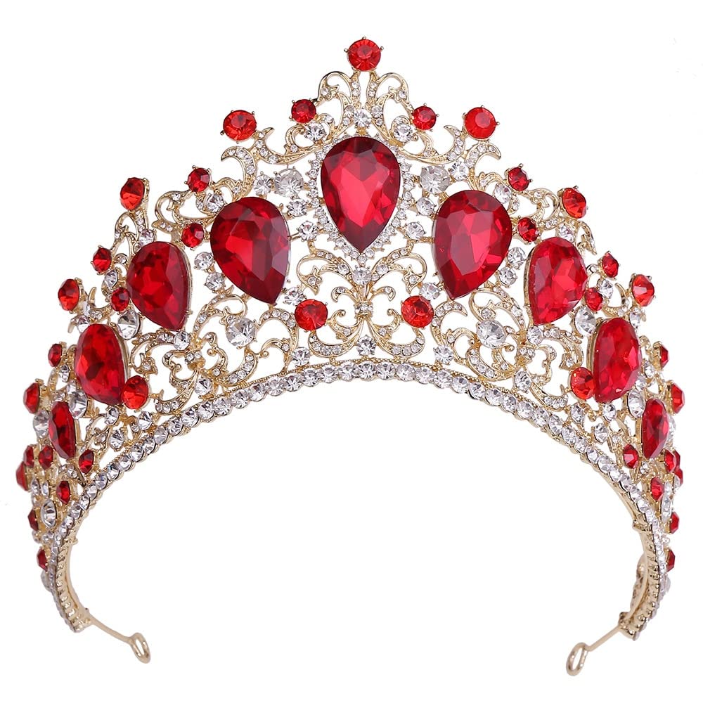 Ręcznie robione barokowe kolorowe kryształowe tiary korony duże Rhinestone Diadem welon Tiara opaski ślubne ślubne akcesoria do włosów obręcz do włosów (kolor metalu: złoty czerwony)
