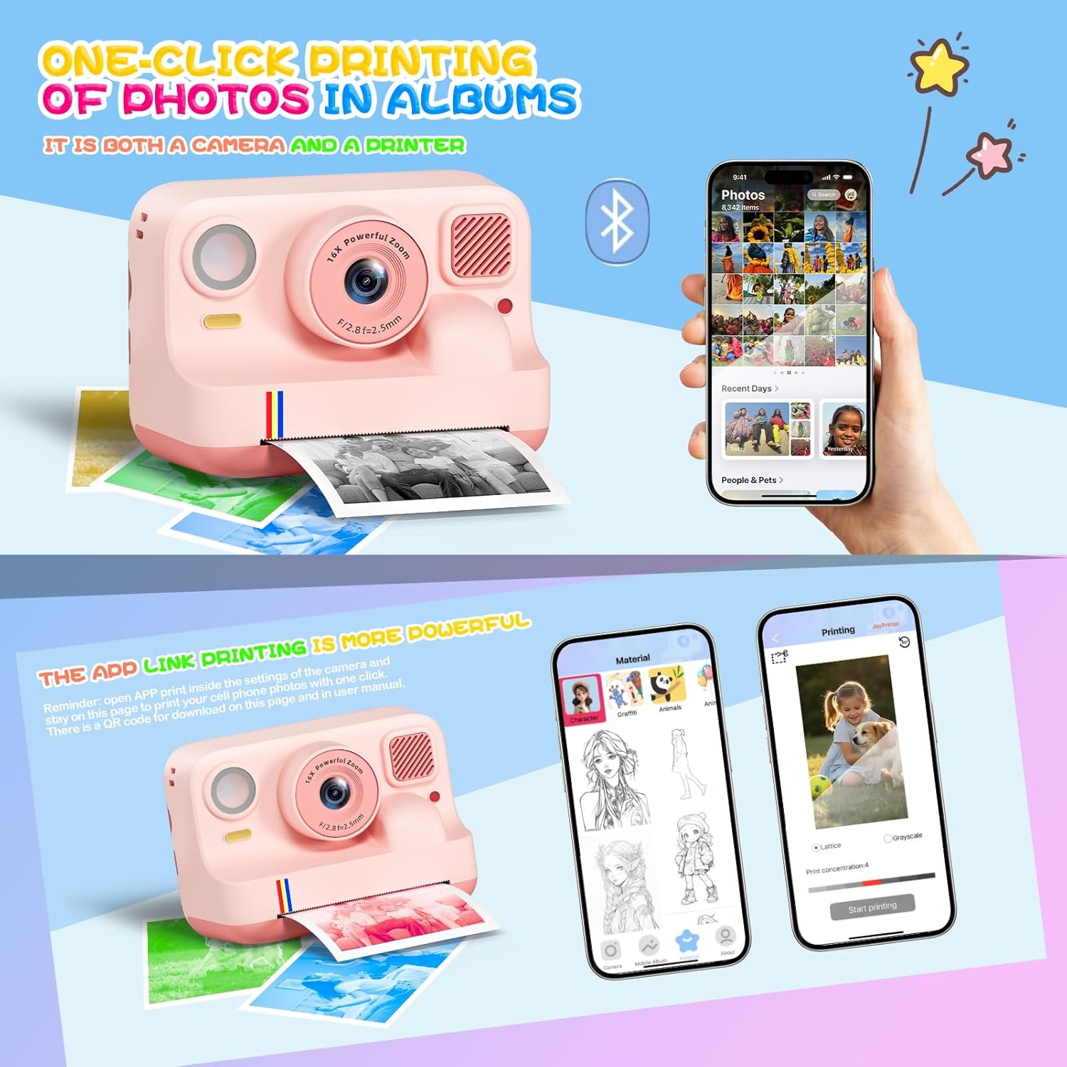 Instant Print Camera for Kids, Christmas Birthday Gifts for Girls Boys Age 3-15, 1080P Selfie Portable Digital Video Camera with 32GB SD Card, 3-Colored Print Paper- Pink