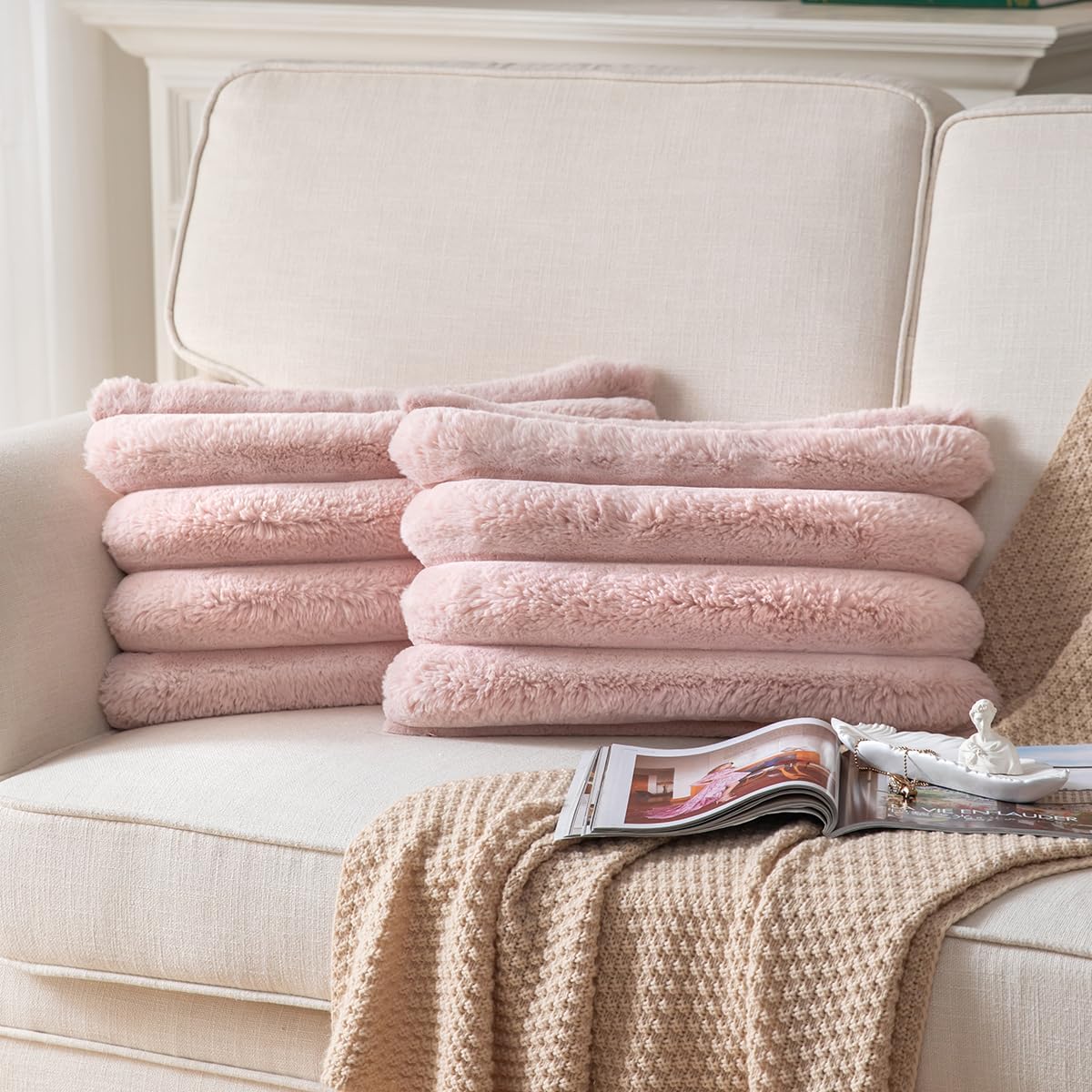 Faux Fur Plush Throw Pillow Covers 16x16 Inch Set of 2 - Luxury Decorative Fuzzy Striped Soft Cozy Pillowcase for Couch, Sofa, Living Room - Blue
