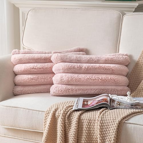 Juego de 2 fundas de almohada de felpa de pelo sintético de 12 x 20 pulgadas, fundas de almohada decorativas de lujo, a rayas, suaves y acogedoras