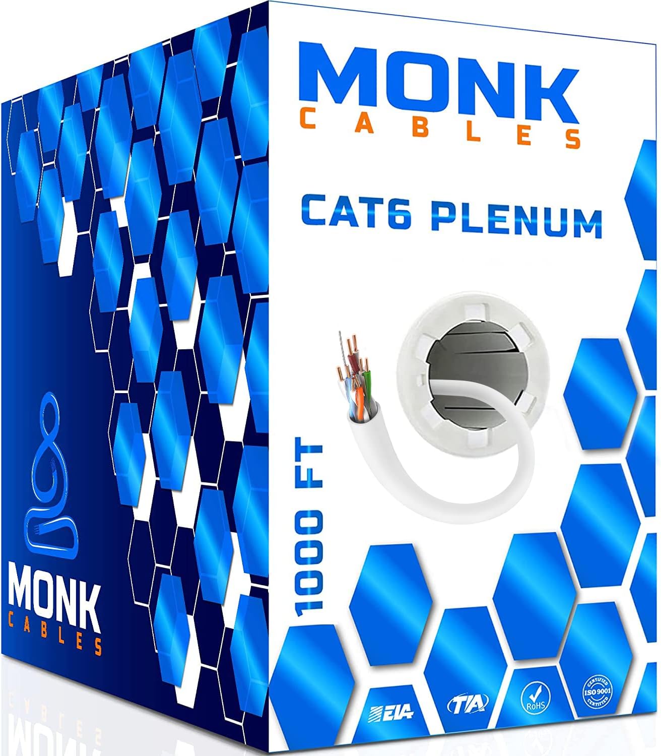 MONK CABLES | CAT6 プレナムケーブル 1000フィート | UTP、23AWG、550MHz | DSX-8000認定 | 全市場で最も認定されたケーブル (ホワイト)