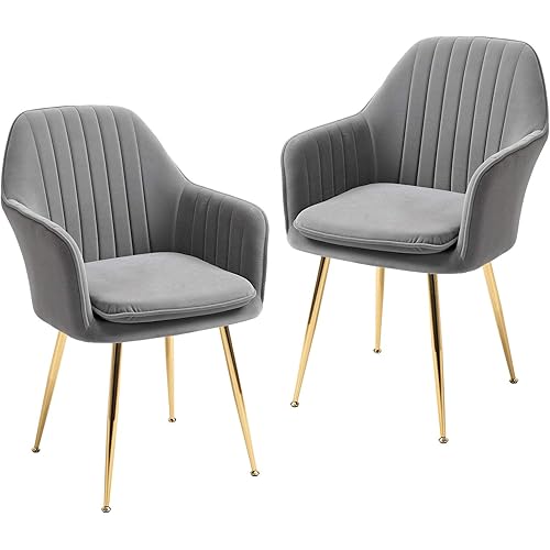 AVAWING Modern Living Dining Room Accent Arm Chairs Set of 2, Velvet Mid-Century Upholstered Seat Club Guest with Golden Legs, Grey