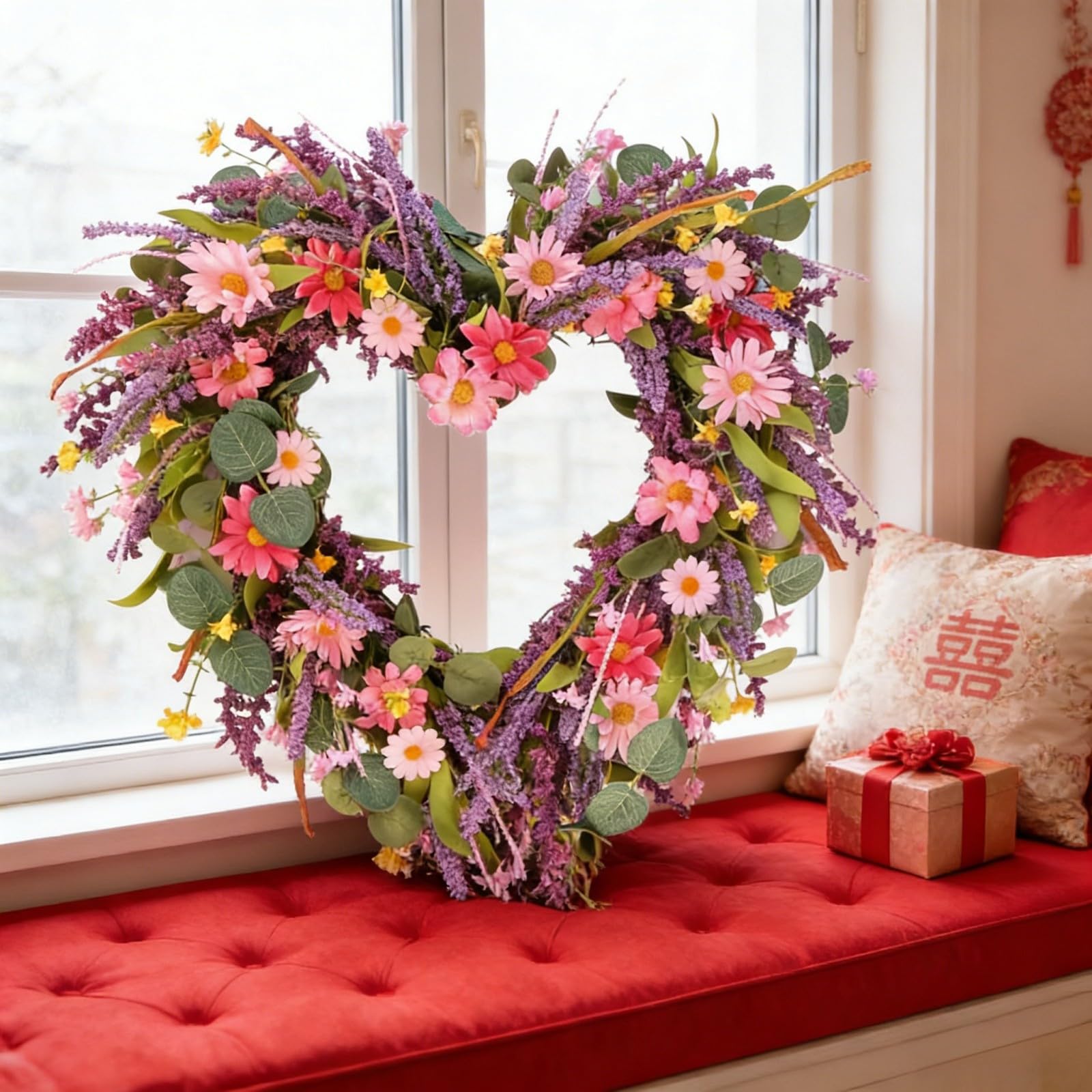 hogtnd Valentine's Day Flower Wreath Ornament. Valentine's Day Flower Wreath Ornament for Home Decoration
