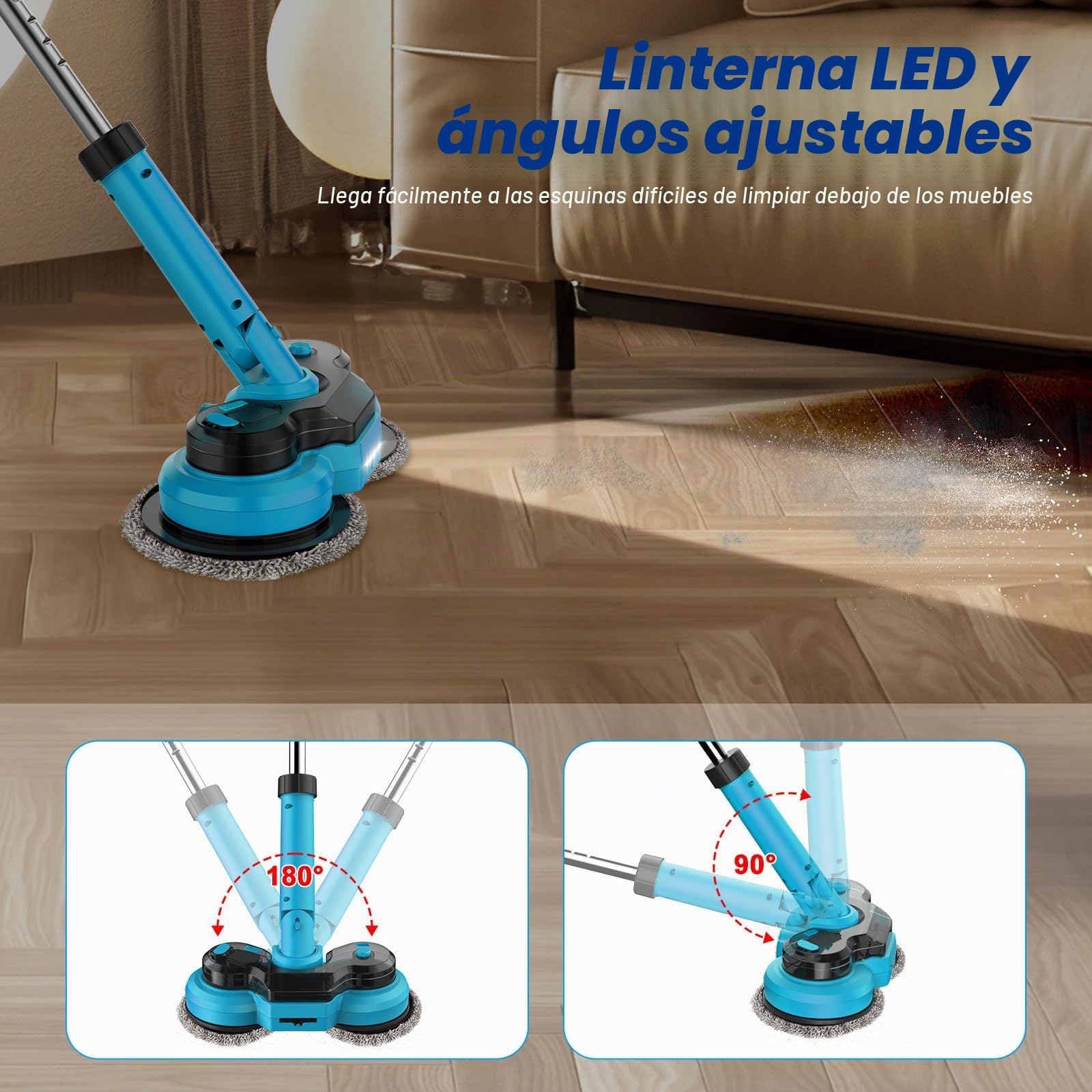 Mopa eléctrica inalámbrica con 2 Baterías de 2000 mAh, Fregona giratoria eléctrica for limpieza de pisos, con luz LED y depósito de agua de 300 ml y aspersor, fregona para suelos de mármol madera dura