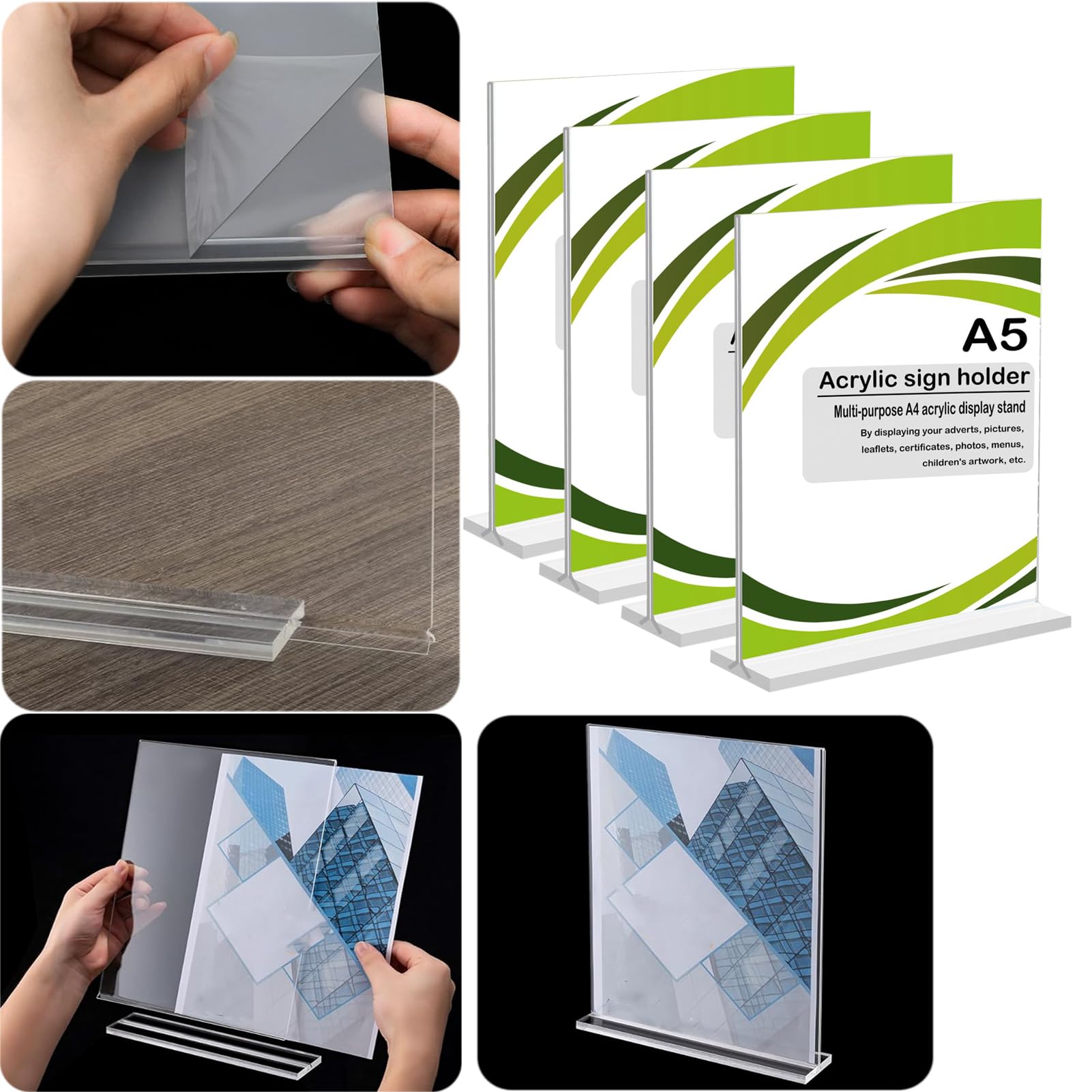 4 Piezas Expositor Metacrilato A5, Transparente Expositor de Mesa Acrílico, para Presentación a Ambos Lados, Formato Vertical, Soporte para Tarjetas de Menú