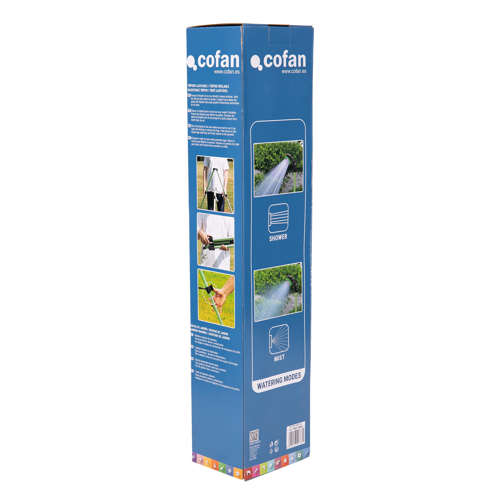 Cofan Ducha de jardín con Altura Ajustable | Trípode de Aluminio | 2 Funciones: Ducha y nebulización | Conector Universal Incluido | Altura máxima: 162 cm y Ancho máximo: 92c m