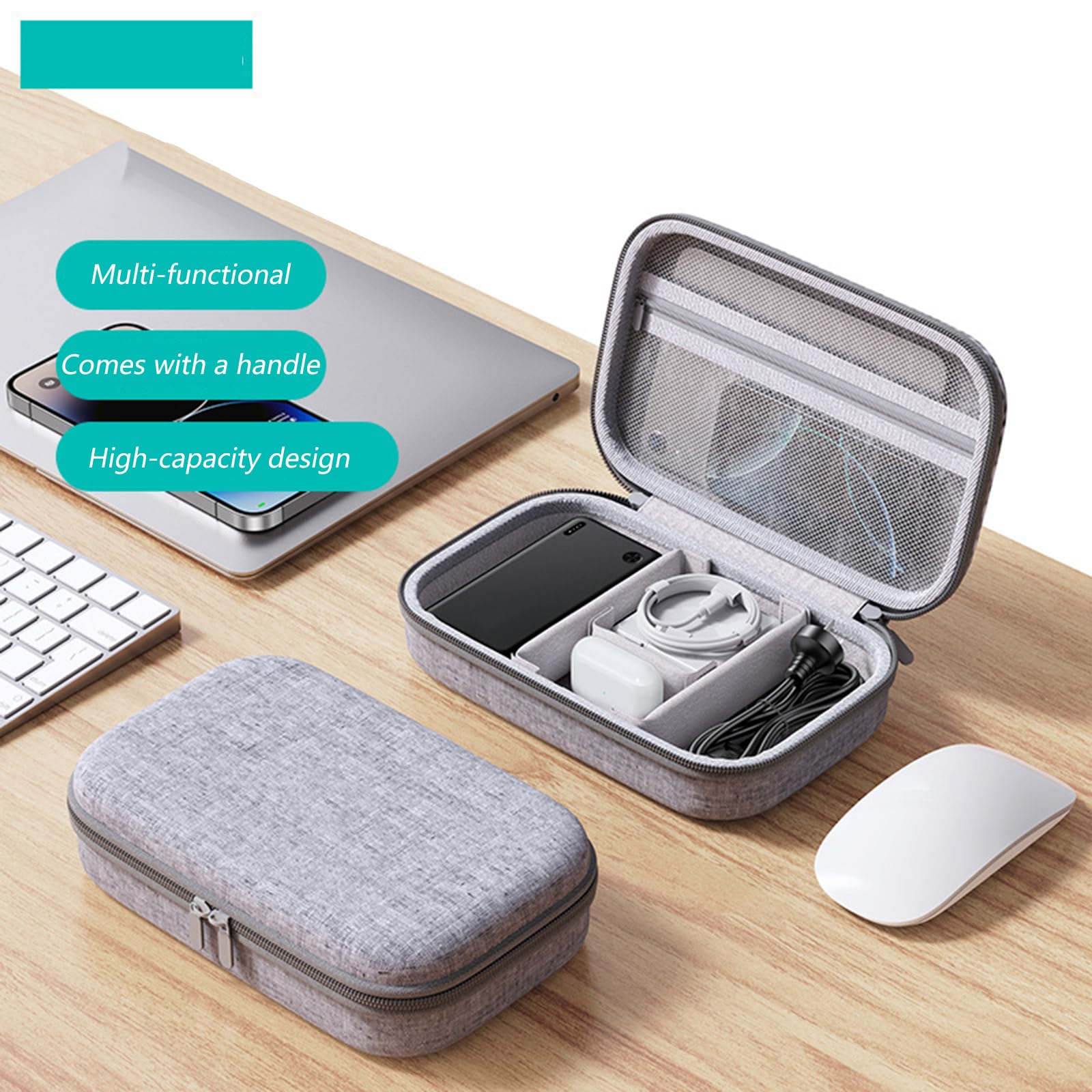 Custodia ergonomica doppia custodia protettiva impermeabile organizer per viaggio antiurto gadget elettronici borsa di immagazzinaggio, grigio