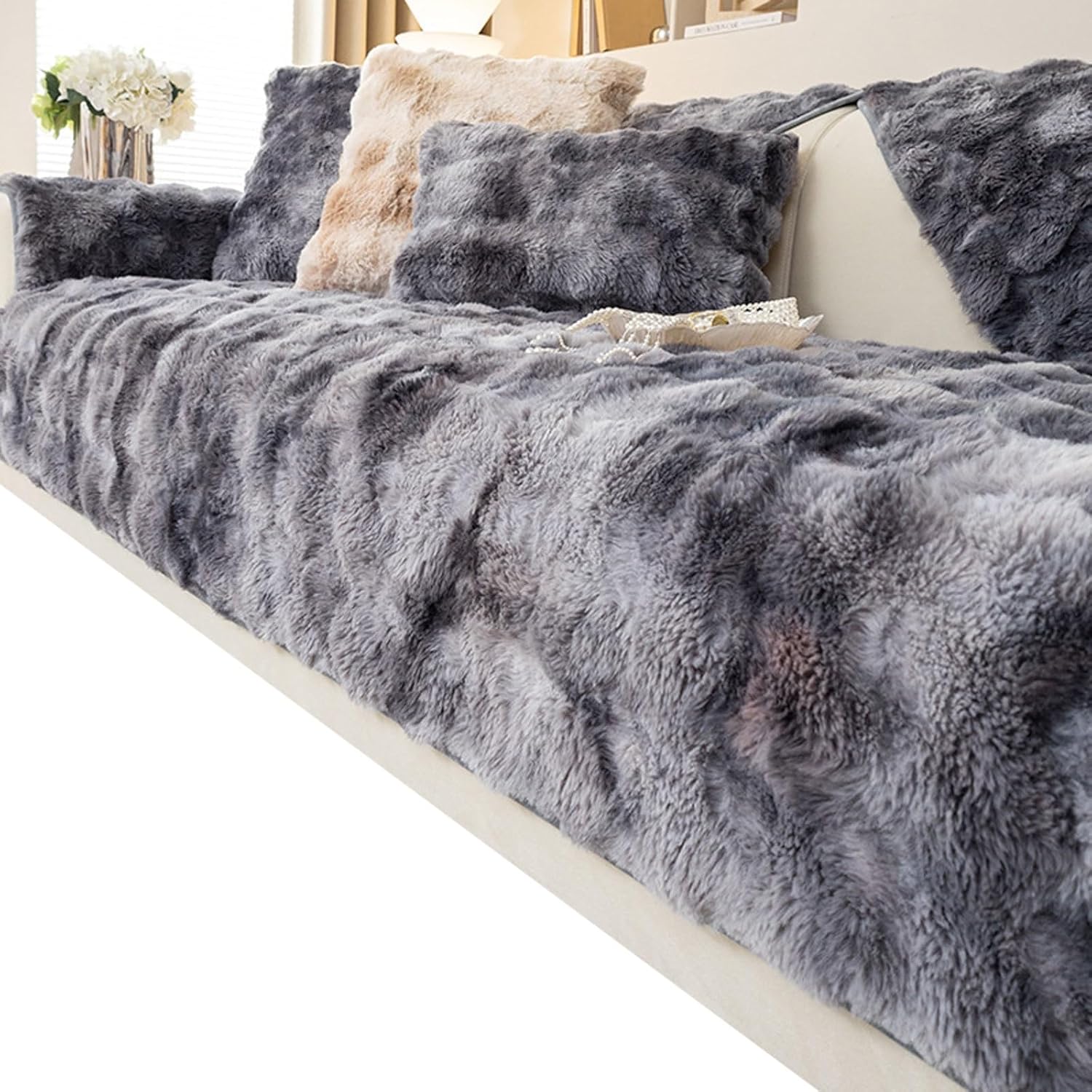 Sofa Slipcover Corner 3/2/1/4 Seater Sofa Cover, Non-Slip Sofa Cover, Luxury Rabbit Plush Sofa Covers, Super Soft Faux Fur Furniture Protector for Sectional Couch ( Color : #1 , Size : 90x210cm/35x82"
