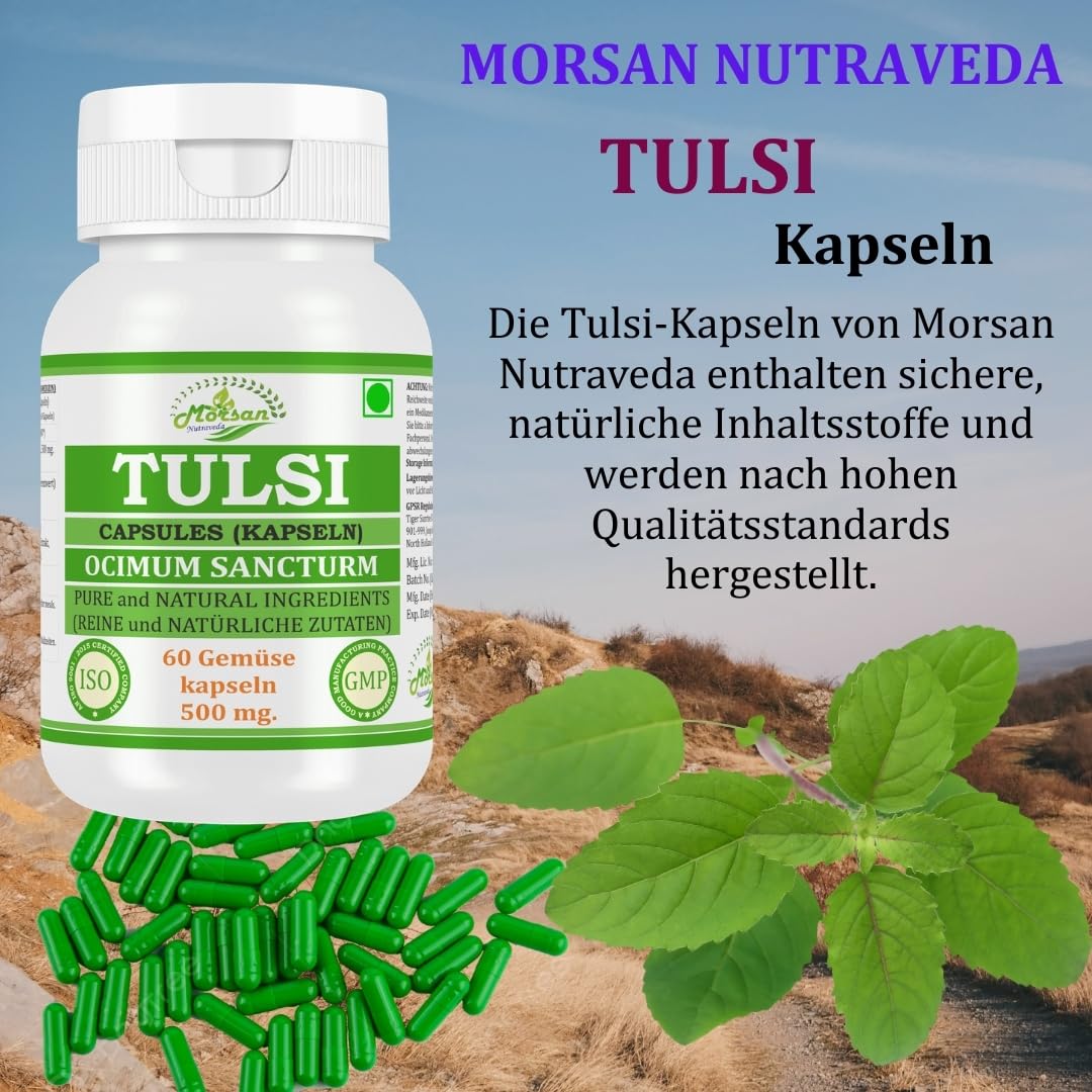 Tulsi (Ocimum sanctum, Basil) Extrakt mit 10:1 Stärke, 500 mg x 60 vegane Kapseln | Ayurvedisches Kräuterergänzungsmittel für Männer und Frauen (1 Flasche mit 60 Kapseln)