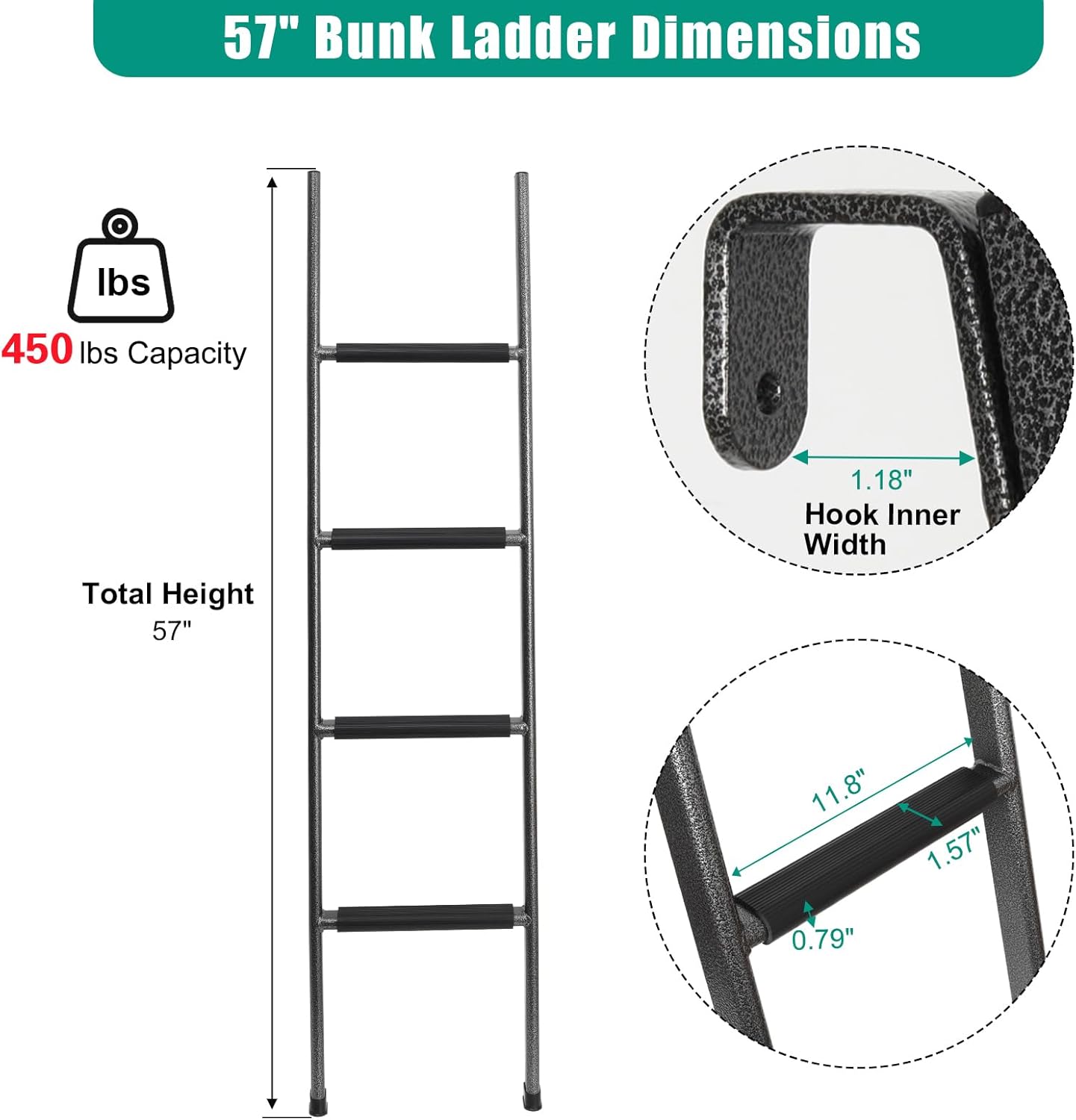 Anti-Slip RV Bunk Ladder, 57in Integrated Heavy Duty Steel Camper Bunk Bed Ladder with Rubber Foot Pads and Hooks - Black