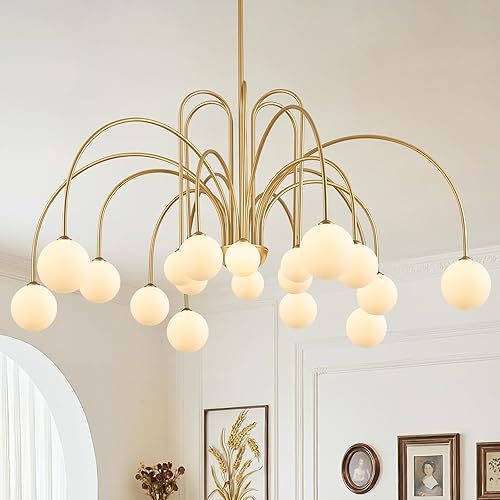 Miniatura 24 de Grandes lámparas de araña Sputnik 12 luces Lámpara moderna de oro para techo alto L52” Lámpara de techo colgante de mediados de siglo con cúpulas de