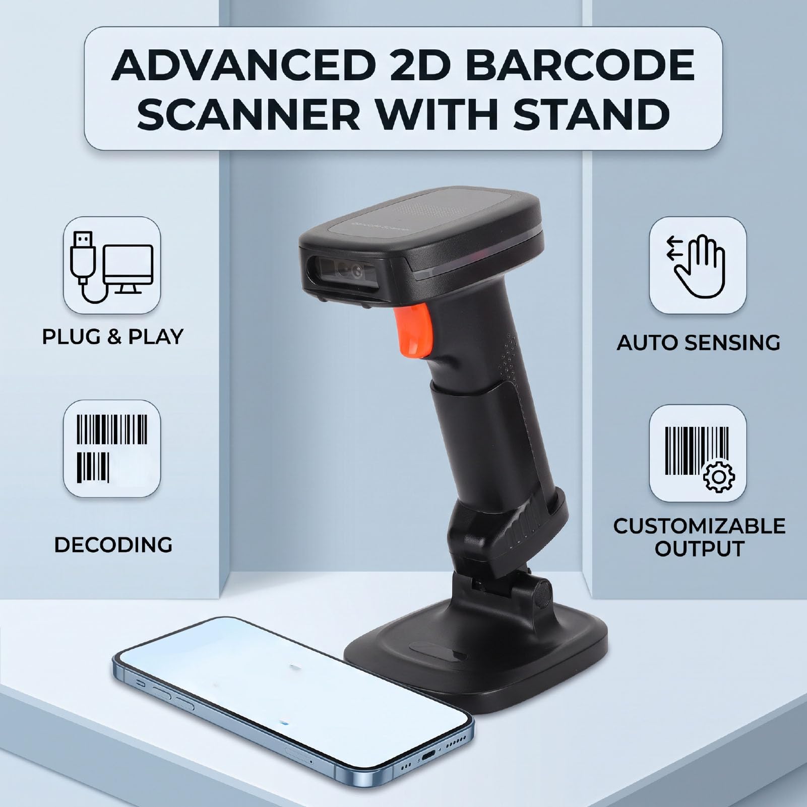 USB-kabelgebundener 2D-Barcode-Handscanner mit Ständer