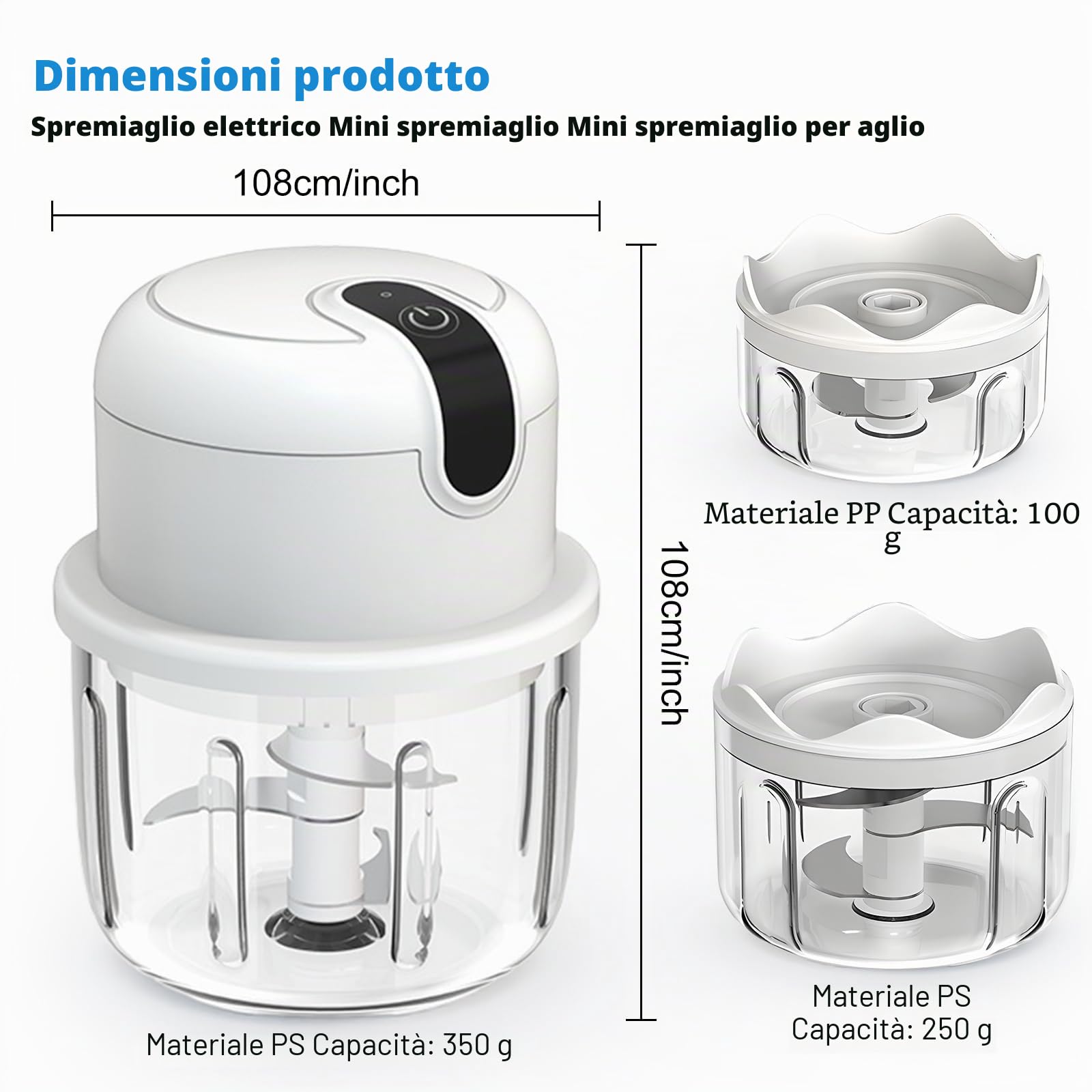 Tritatutto Elettrico, Mini Tritatutto Da Cucina Elettrico, Elettricos Per Cipolla 100/250/350 Ml, Piccolo Tritatutto Aglio Con Connessione Usb, Per Pesto, Verdure, Carne, Frutta, Spezie