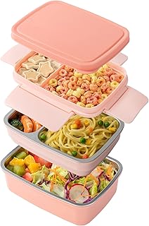 Freshmage Stainless Steel Bento Box Adult Lunch Box, Leakproof Stackable Large Capacity Dishwasher Safe Lunch Container with Divided Compartments, Pink