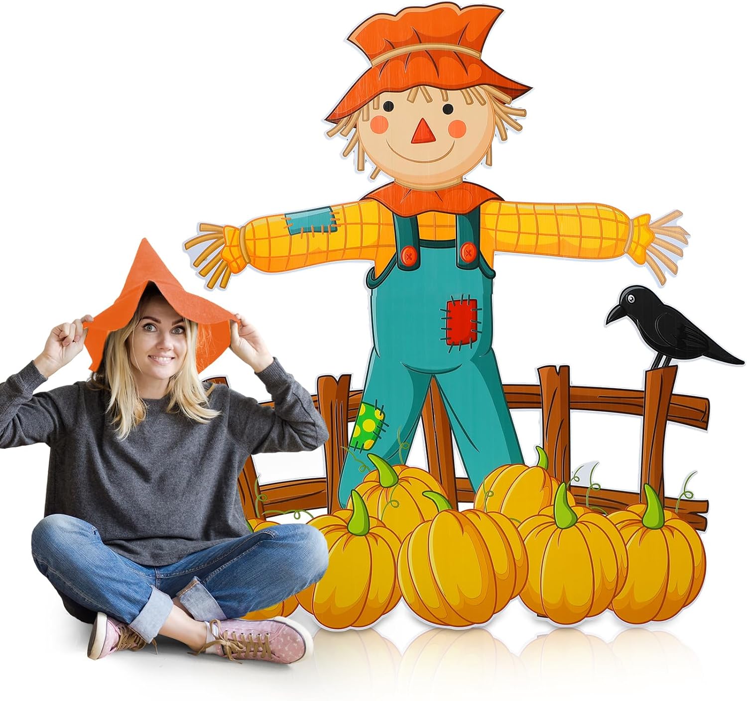 5 Feet Thanksgiving Scarecrow Party Decor Fall Scarecrow with Pumpkin Crow Cardboard Stand-up Cutout Life-Sized Halloween Cardboard Photo Props for Harvest Backdrop Decor