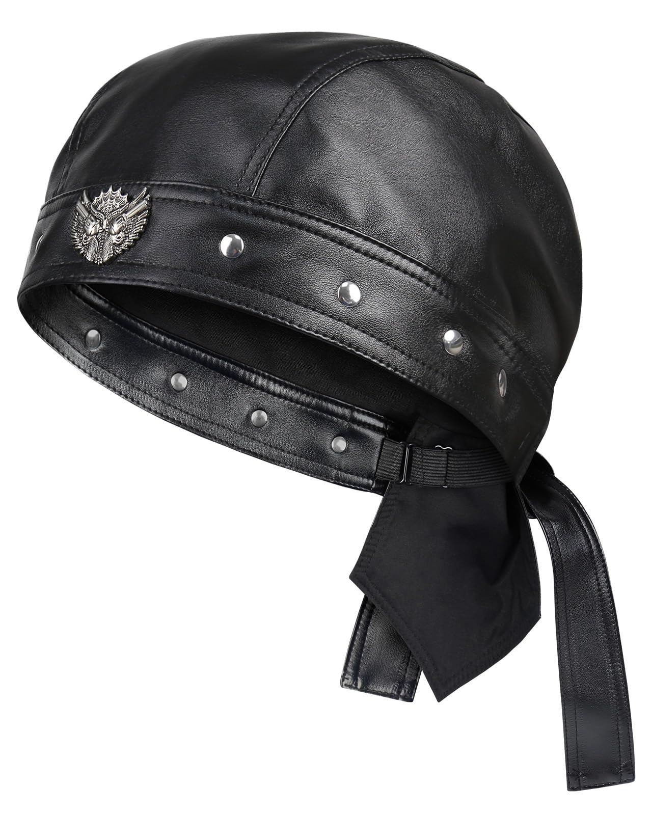 Leather Biker Hats for Women Cycling Skull Cap Adjustable Doo Rag Black Bandana