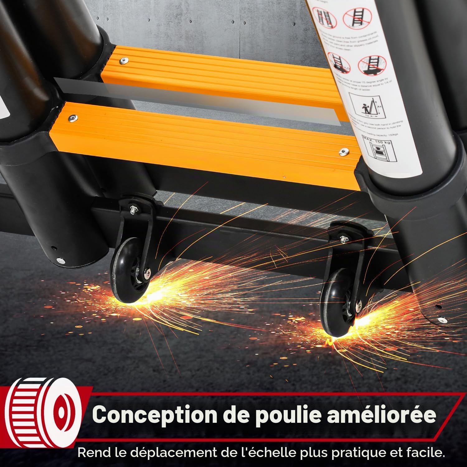 Ikodm Échelle télescopique pliante en aluminium 5 m, avec doubles roues amovibles, charge maximale : 150 kg, multifonction, antidérapante, couleur : noir et jaune