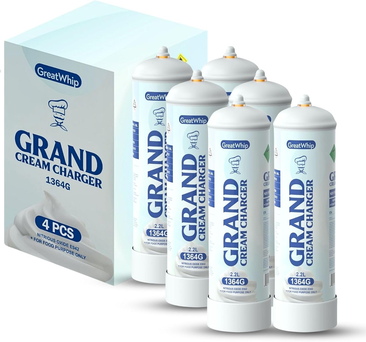 GreatWhip Cargador de crema batida de 2.2L 48.11 oz de grado alimenticio Tanque de óxido nitroso N2O Cargadores (12 cilindros, 3 cajas)