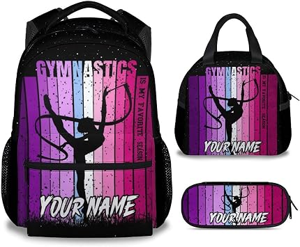 UNIKITTY School Backpack for Girls - Personalized Kids Backpack with Name - Gymnastics Bookbag - 17 Inch Custom Schoolbag with Lunch Box and Pencil Case