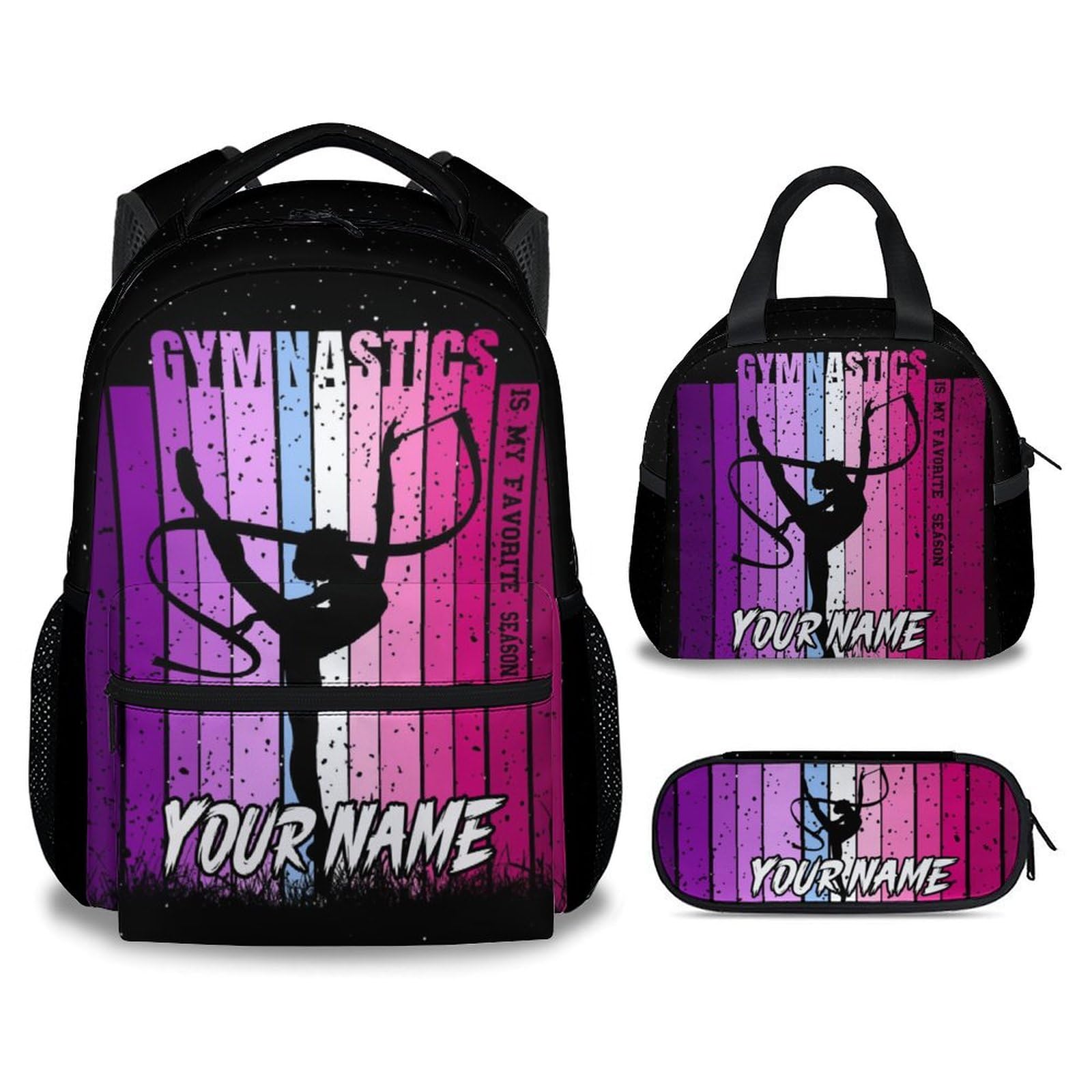 UNIKITTY School Backpack for Girls - Personalized Kids Backpack with Name - Gymnastics Bookbag - 17 Inch Custom Schoolbag with Lunch Box and Pencil