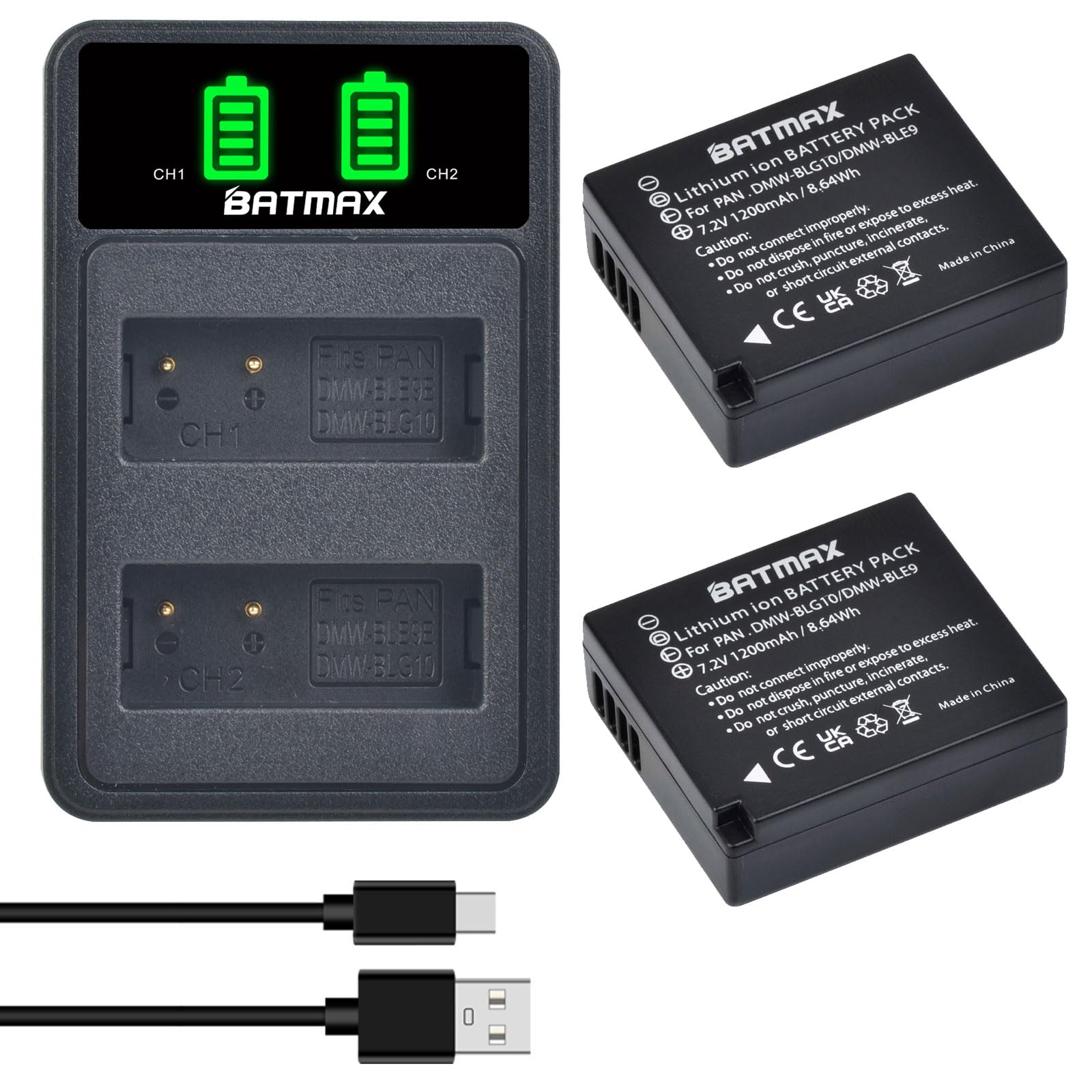 Batmax 2Pcs DMW-BLG10 DMW-BLG10E Battery + USB LCD Dual Charger for Panasonic DMW-BLG10 Lumix DC-G100, DC-ZS70, DC-ZS80,DC-GX9, DMC-GF6, DMC-GX7, DC-LX100 II,DMC-GX80, DMC-GX85, DMC-ZS60 Cameras