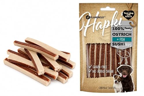 Snacks para Perros - Hapki Tiras de Sushi con Avestruz y Pescado - Sin Cereales - 85 g - Flamingo