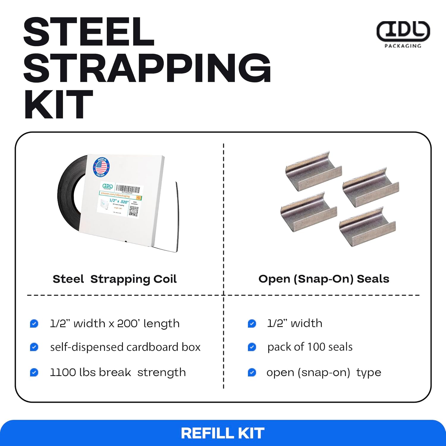IDL Packaging Refill for Portable 1/2" Steel Strapping Kits for Packaging Strapping - 1/2" x 200' Steel Strapping Coil in Self-Dispensed Cardboard Box and 100 of 1/2" Open Seals