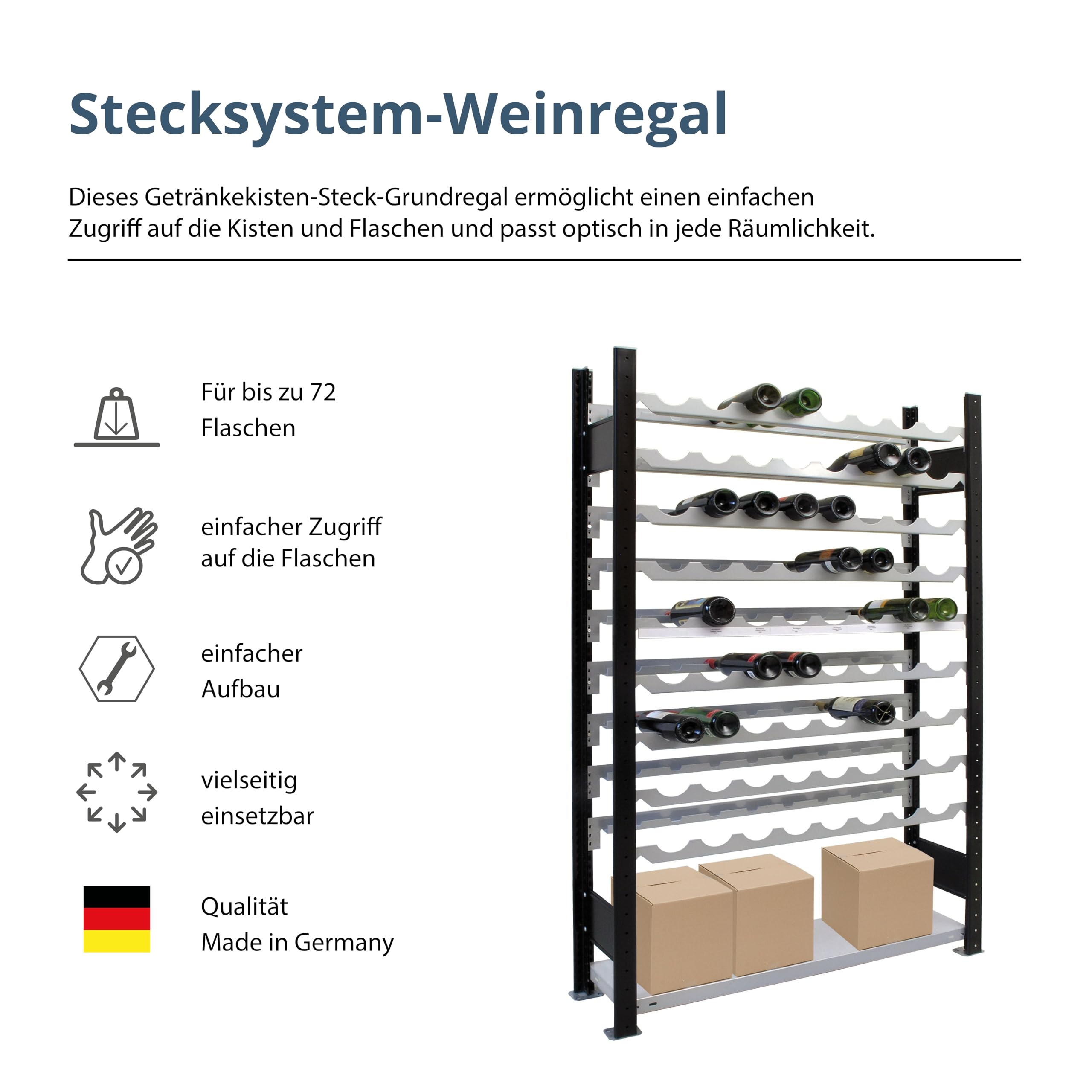 Schulte Regalwelt Weinregal für bis zu 72 Flaschen, 180x100x25 cm (HxBxT), schwarz-Silber, Getränkeregal, Weinflaschenregal, Flaschenregal