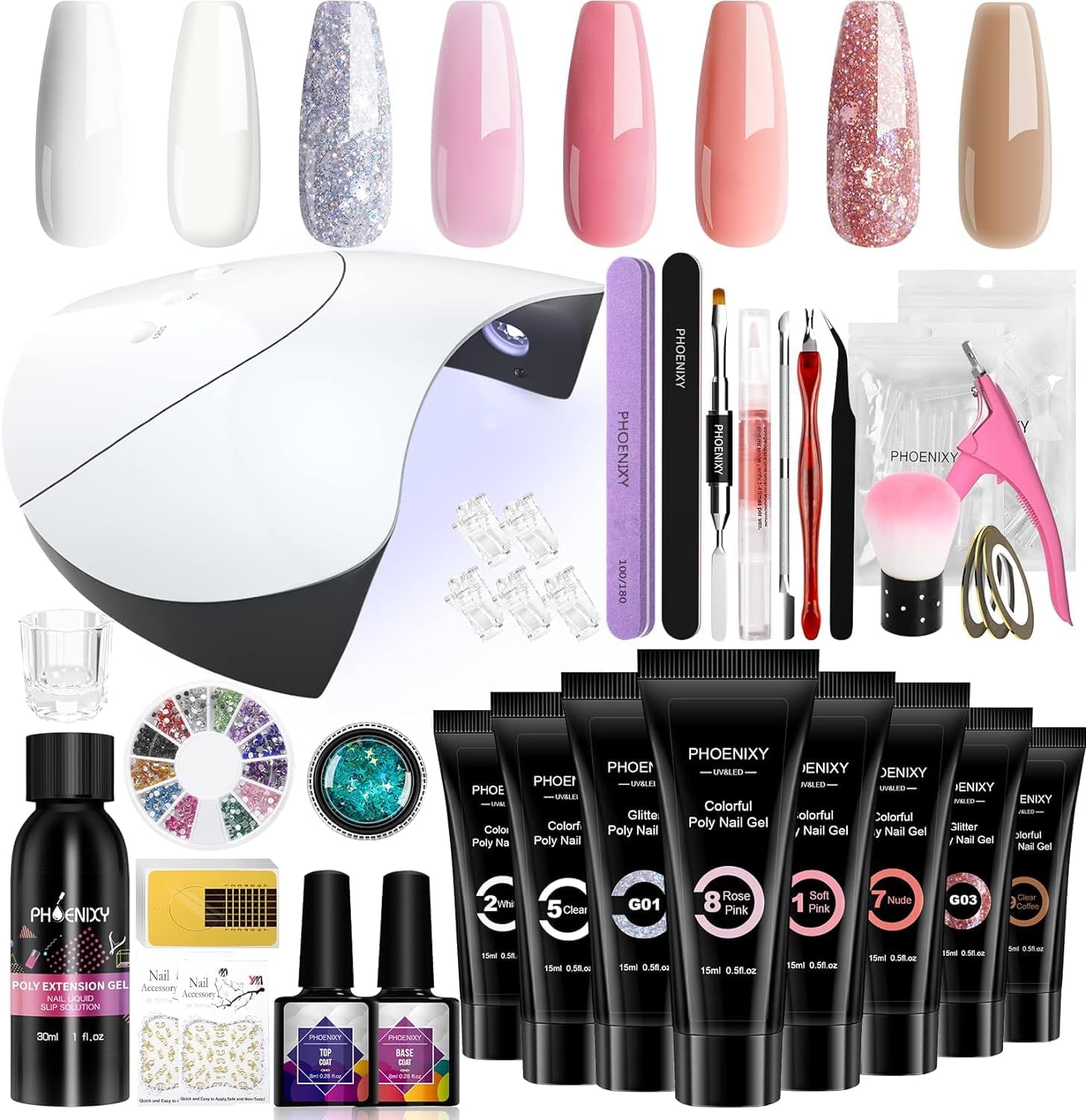 Phoenixy Poly Nail Gel Kit, 8 Colors Nail Extension Kit with 36W LED U V Nail Lamp Slip Solution Manicure Tools Nude Pink Brown Glitter Gel Nail Kit Starter Kit Gifts for Women