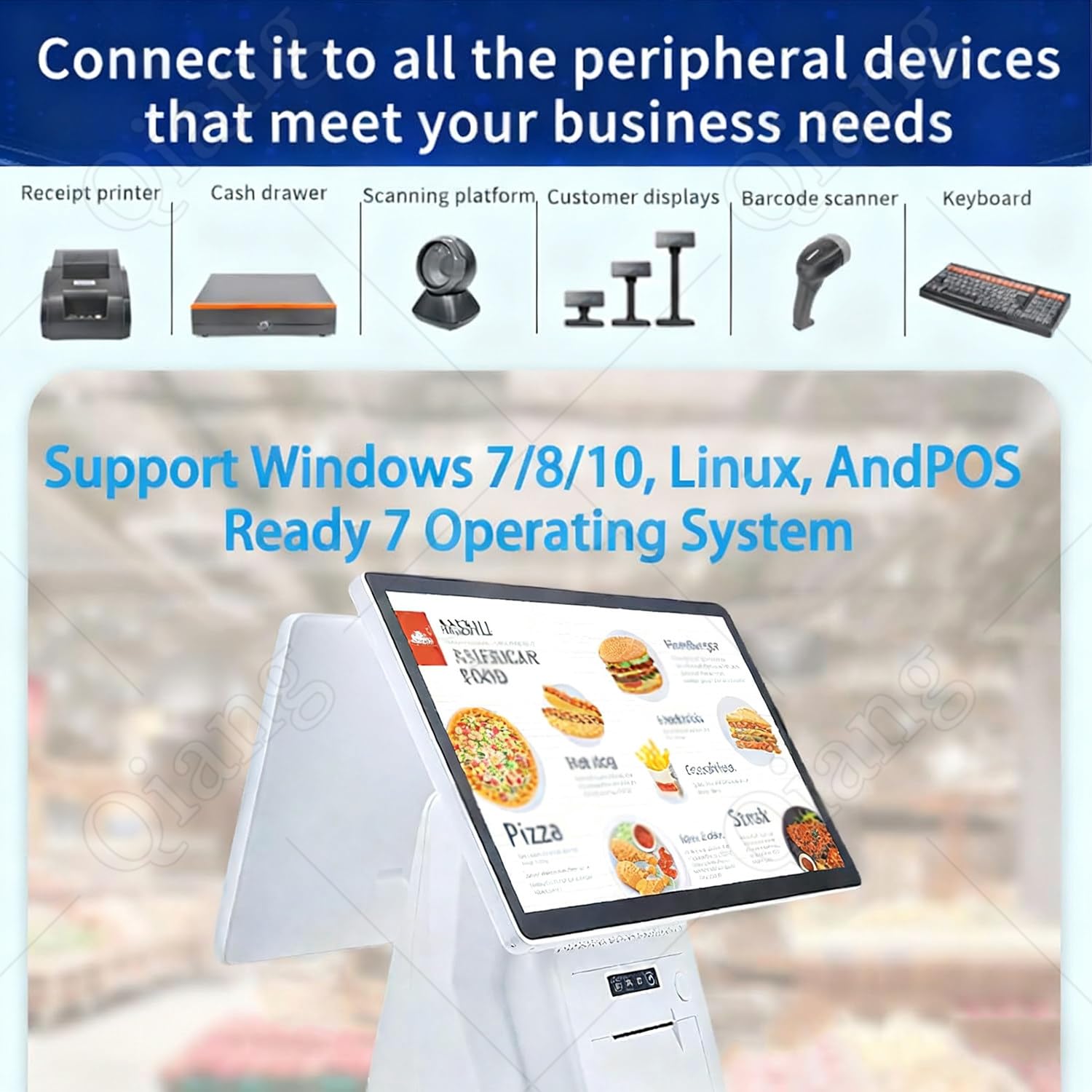 Qiang Caisse Enregistreuse Intelligente Tout-en-Un,POS Cash Register,éCran Tactile 15,6",8G Ram,128G Ssd,Windows,Imprimante intégrée,Prend en Charge 30 Langues,for Retail and Restaurant Dualscreen