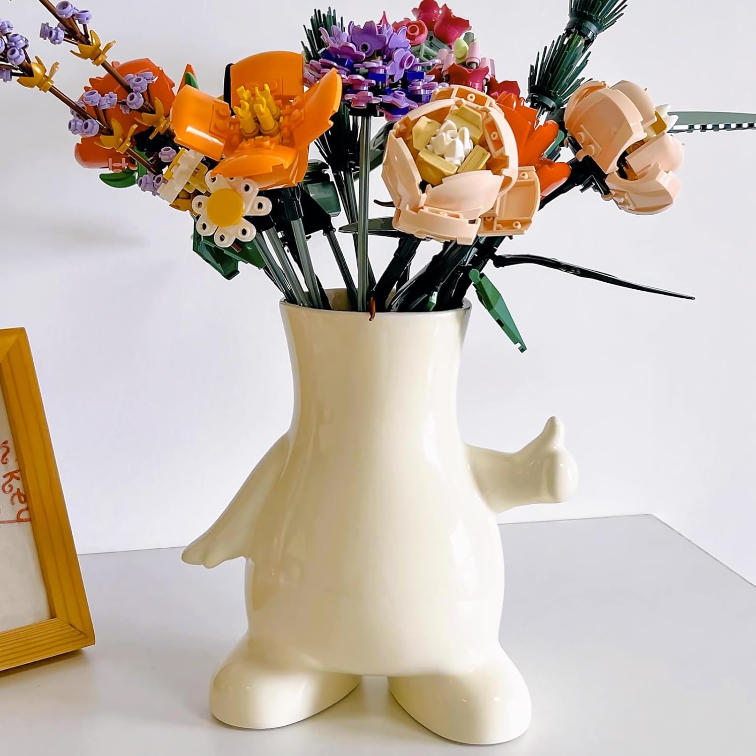 8 Inch Ceramic Vase for Building Block Flower Bouquet, Cute Thumbs Up Body Shape Vase for Lego-Compatible Flowers, Unique Desk Decor for Office & Home, Funky Gift for Women Men (Beige)​