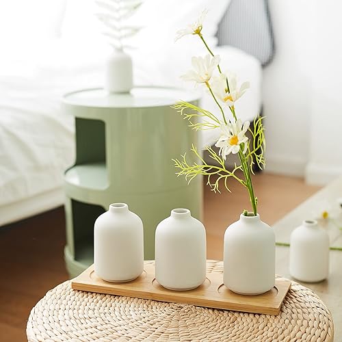 Miniatura 5 de Juego de 6 jarrones pequeños de cerámica blanca para decoración, jarrones bohemios para flores secas, jarrones de cerámica blanca de 4.1 pulgadas de