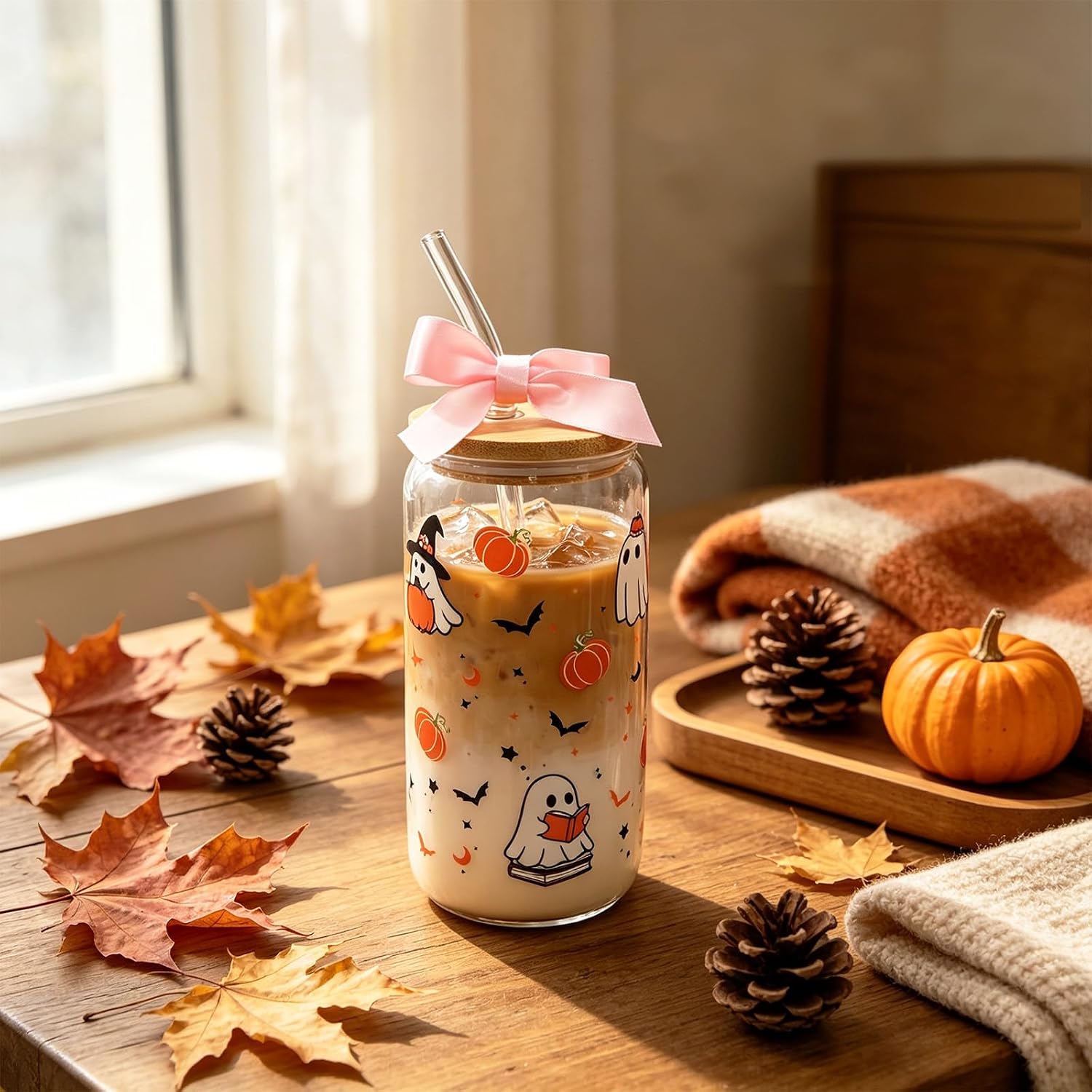 G.R.I Halloween Glass Cup 16oz with Bamboo Lid & Straw, Ghost Cat, Gift Box