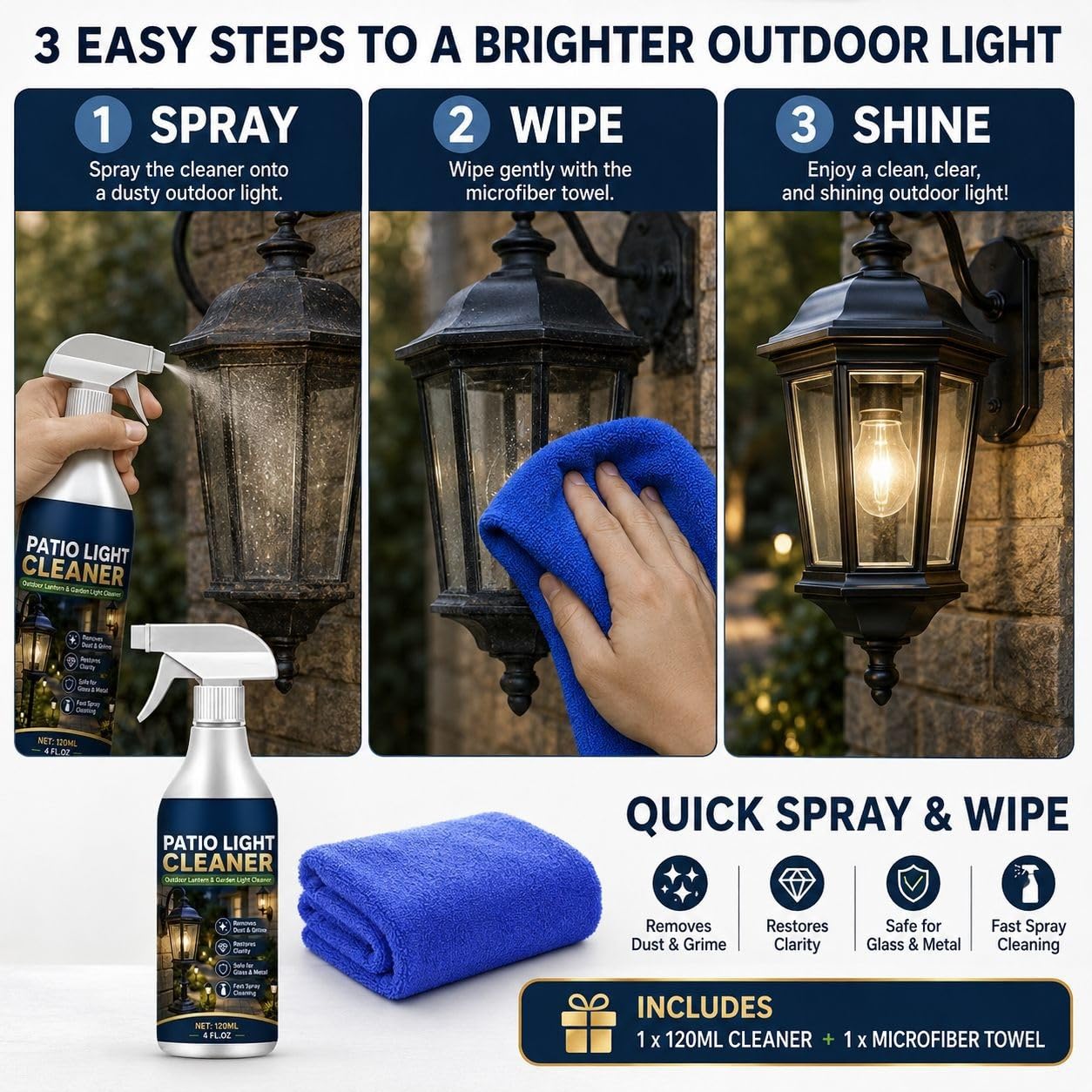 Outdoor Patio Light Cleaning Spray, entfernt kraftvoll Staub, Schmutz, Pollen und Wasserflecken von Lampenschirmen und Beleuchtungskörpern. Bringt die ursprüngliche kristallklare Helligkeit (6pcs)