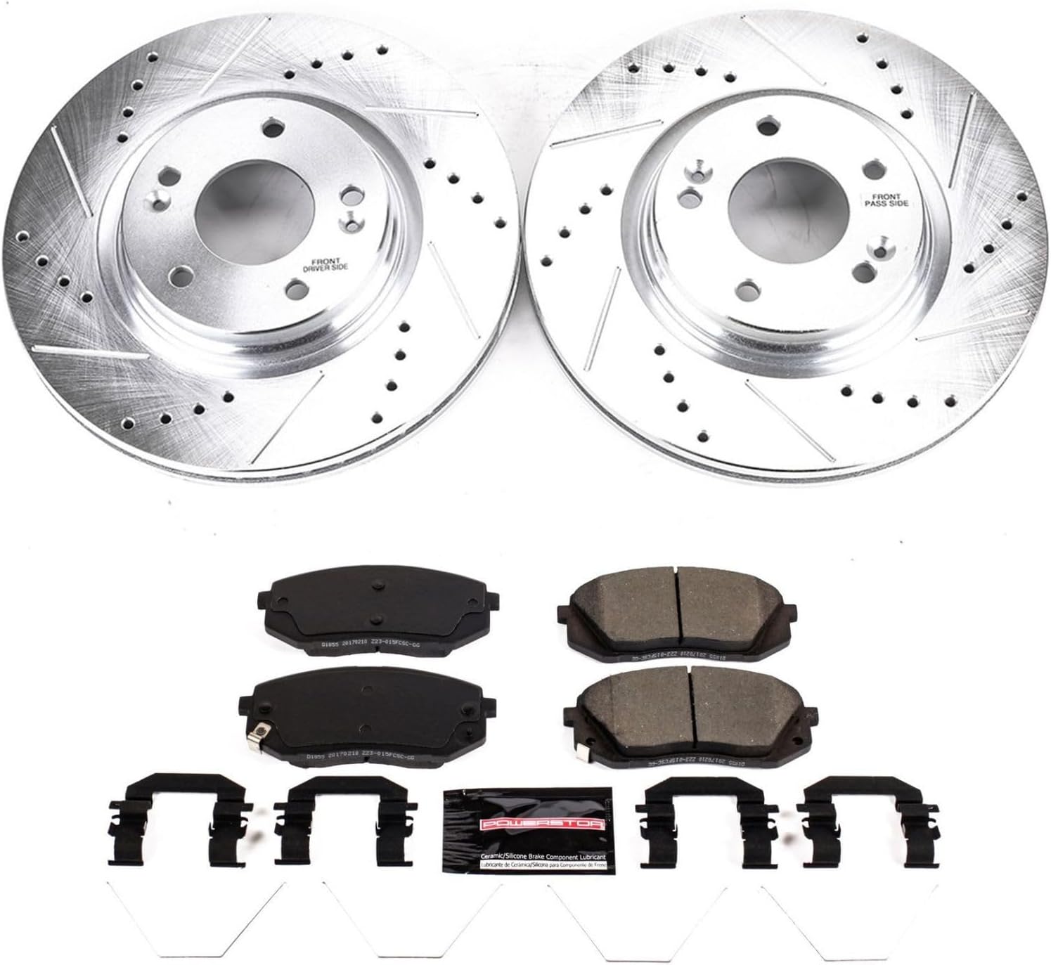 PowerStop Front Brake Kit For Hyundai Elantra GT 2018-20 |Kona 2018-23 |Veloster 2019-21 |Kia Forte 2020-23 - Drilled and Slotted Disc Rotors with Ceramic Brake Pads Replacement, K8011