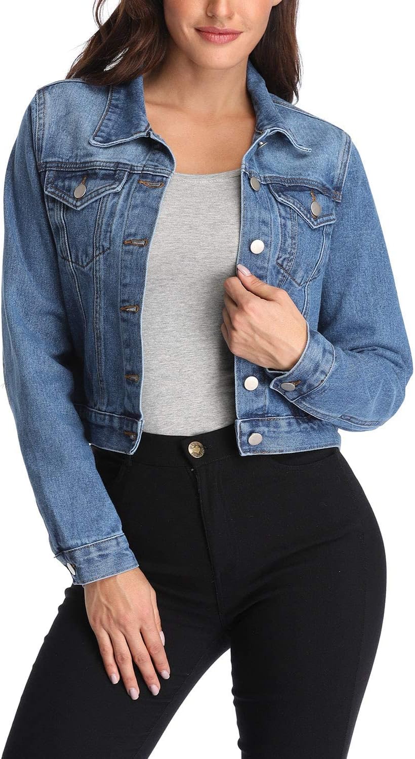 andy & natalie Women’s Denim Jackets Cropped Long Sleeve Basic Button Down Crop Jean Shacket with Pockets