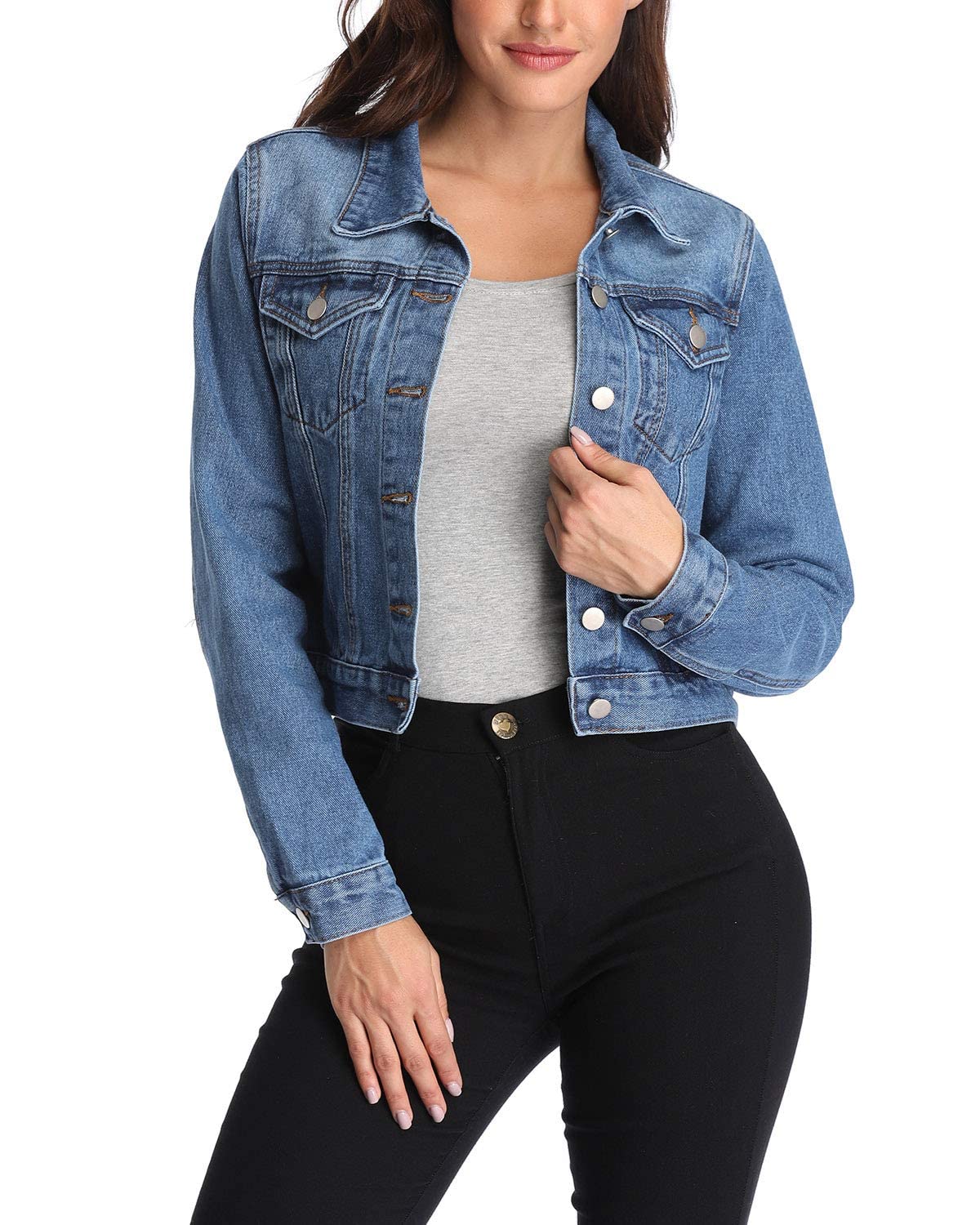 andy & natalie Women's Denim Jackets Cropped Long Sleeve Basic Button Down Crop Jean Shacket with Pockets