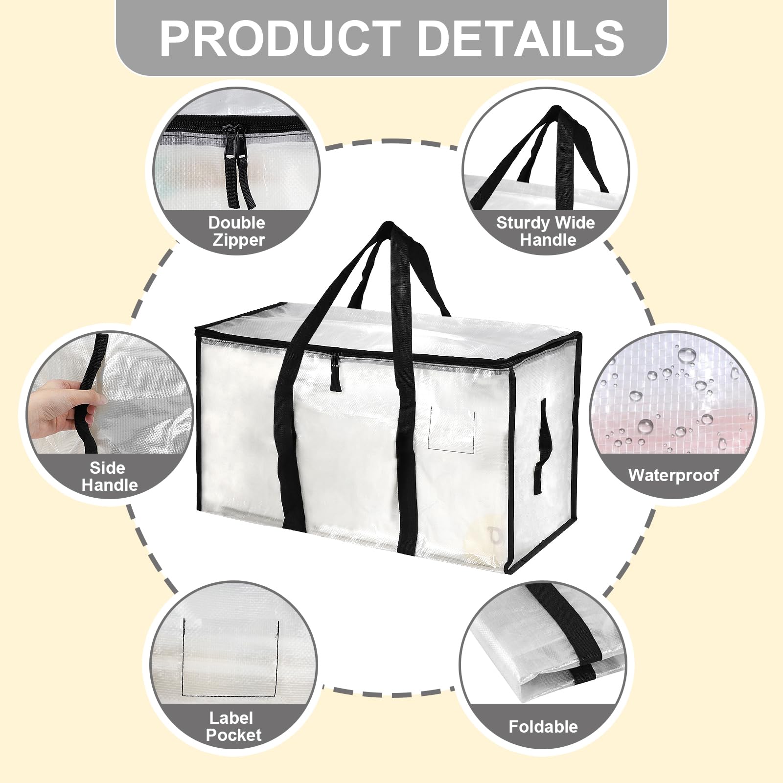 Set da 6 Borse Trasloco 90L Impermeabili con Cerniera e Maniglie Rinforzate, Borse di Stoccaggio Pieghevoli per Vestiti, Trapunte e Viaggi, Alternative a Scatole di Cartone (Trasparente, 6 Pezzi)