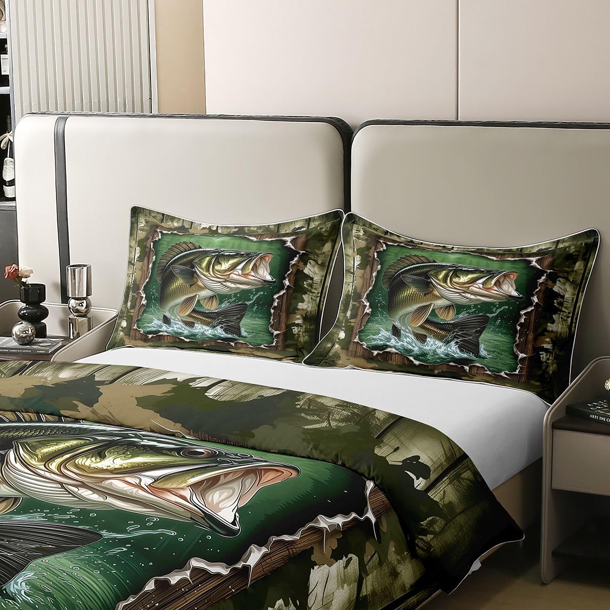 Loussiesd Basowa ryba moro poszewka na kołdrę 100% bawełna super king size wędkarstwo polowanie zestaw pościeli dla chłopców dziewcząt kamuflaż tło poszewka na kołdrę sypialnia dekoracja 3 szt