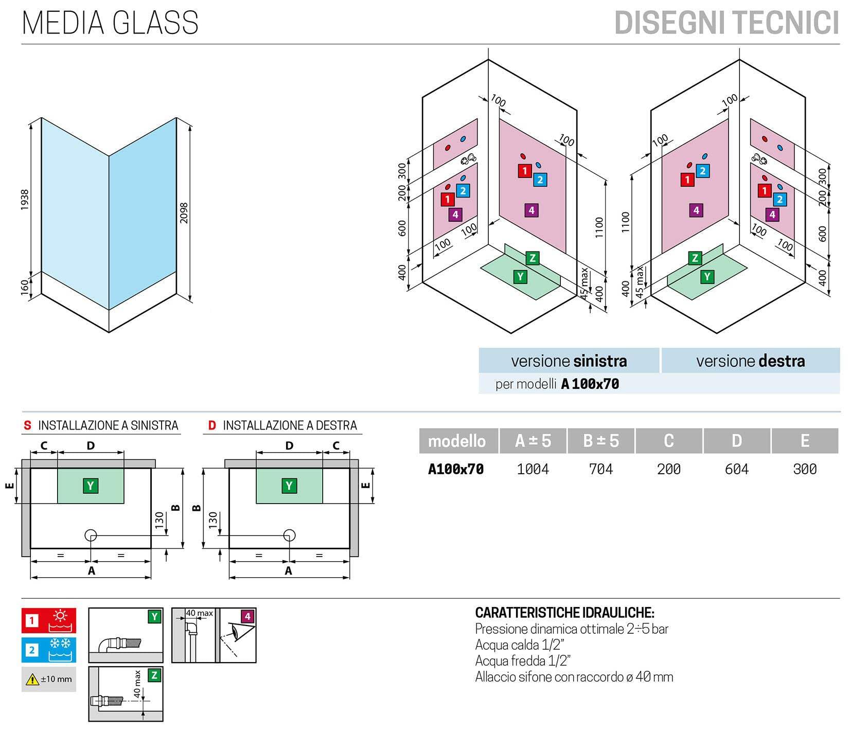 Novellini Media Glass A Standard 100 x 70 cm Cabina ducha multifunción apertura 2 puertas correderas montaje ángulo derecho izquierdo mezclador mecánico cristal transparente perfil blanco altura 210