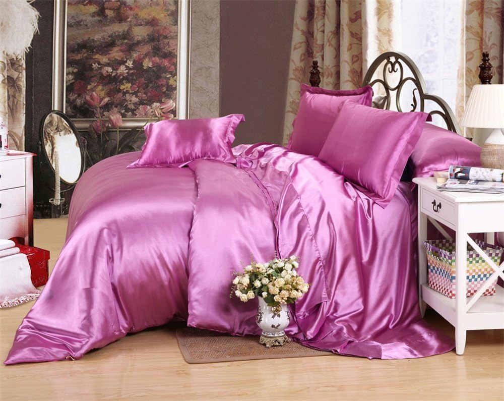 Luxurious Ultra Soft Silky Satin 4-Piece Bed Fitted with Duvet Set Queen, Black