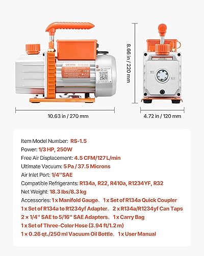 Miniatura 7 de VEVOR Juego de bomba de vacío y medidor de CA, 4.5 CFM 13 HP, bomba de vacío HVAC de paletas rotativas de una etapa, kit de manómetro de colector de