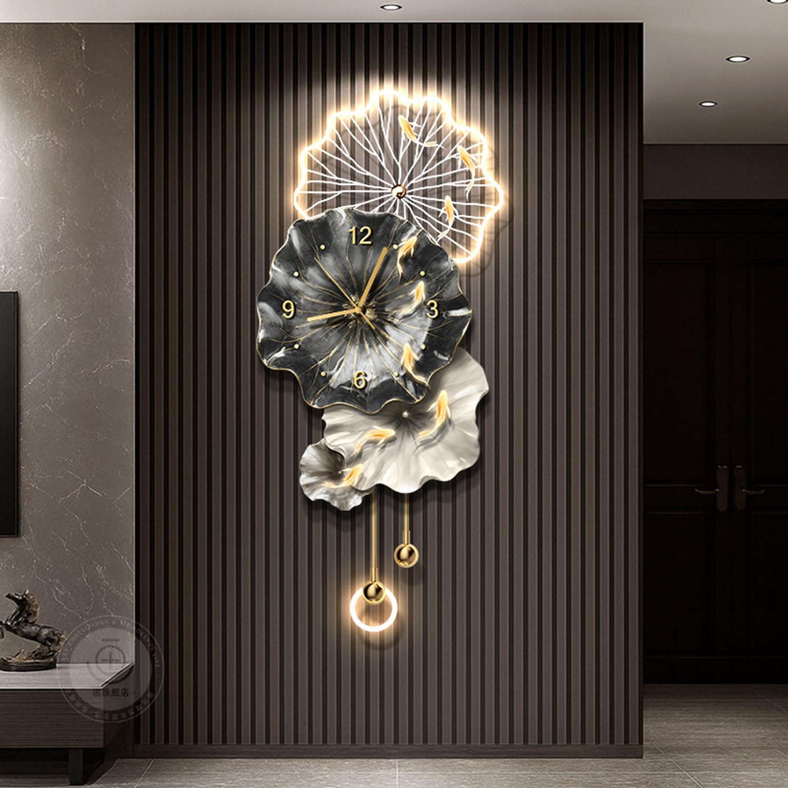 Moderne 3D-Wanduhr mit LED-Beleuchtung, großes Wandbild, dekorative Wanduhr für Küche, Esszimmer oder Eingangsbereich (Schwarz, 50 x 105 cm)
