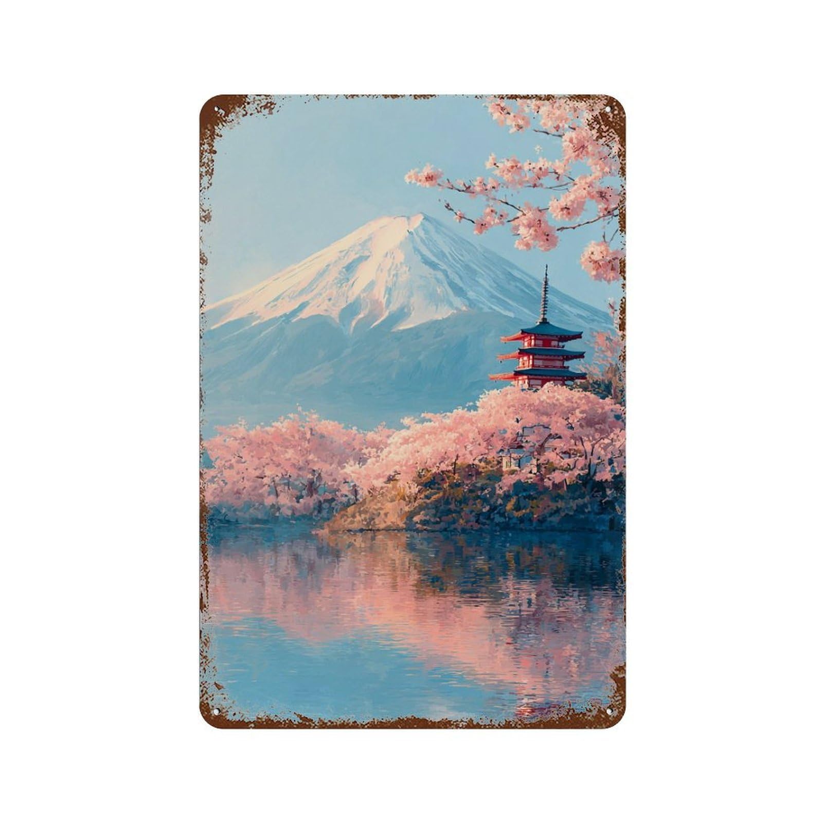 Rust Effect Cherry Blossom Serenity with Mount Fuji -1 Rustic Tin Plaque 11.8"x7.9", Shabby Chic Decor for Basement, Hobby Room And Garage Decor