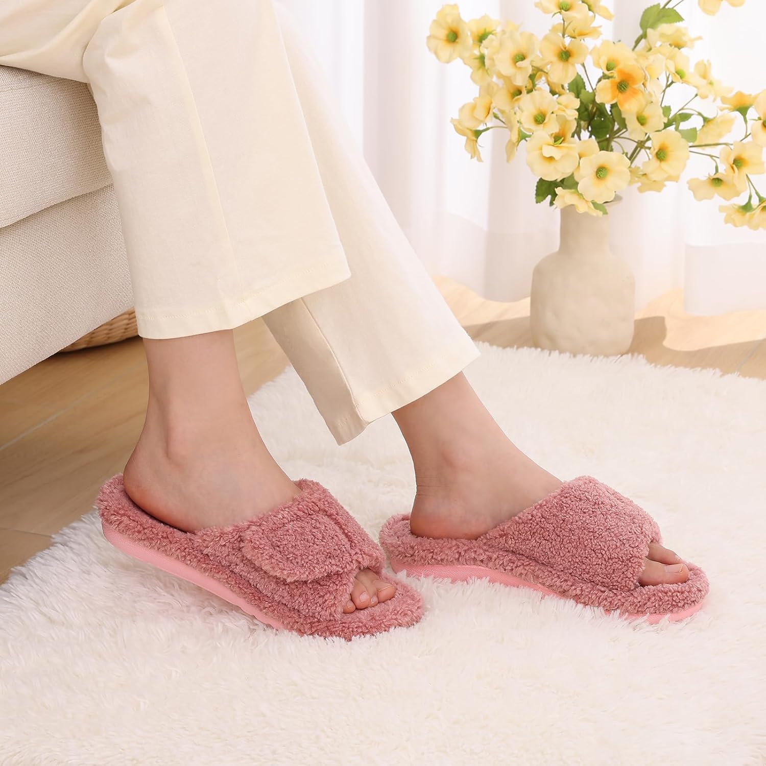 Litfun Womens Fuzzy Arch Support Slippers Orthopedic Comfy Adjustable Open Toe House Shoes - Image 3