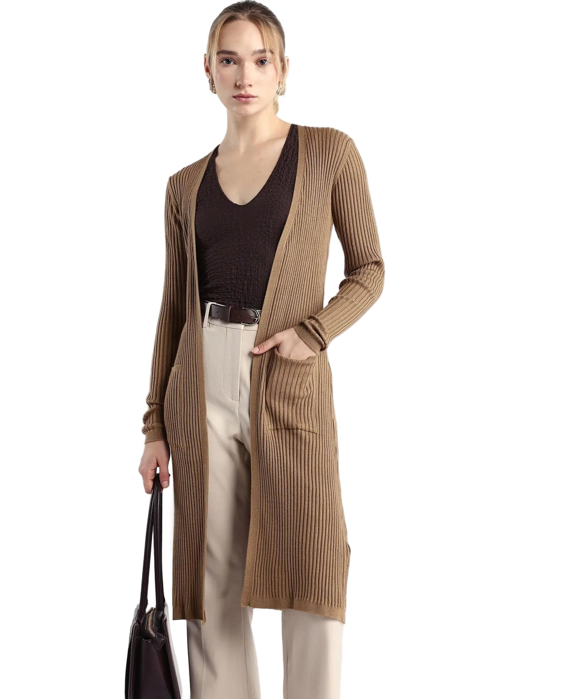 rareism Regular Dark Beige Self Design Acrylic Blend Collarless Long Sleeve Shrug-picture-29